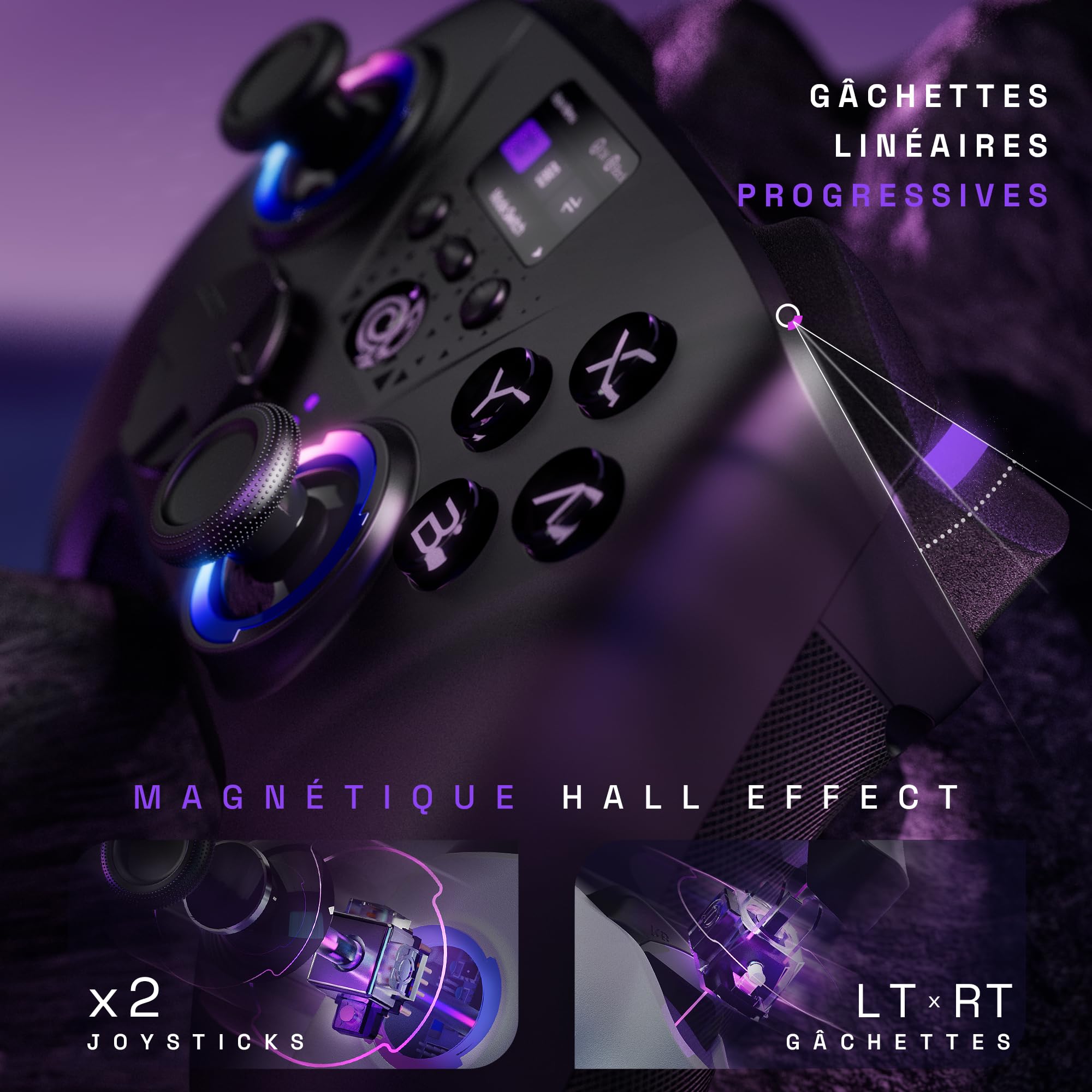 Oniverse Manette sans fil pour Switch 2/Switch/OLED/Lite/PC/Mobile, Écran intégré, Joysticks et gâchettes Hall Effect, 11h, Tactile switch D-pad, Boutons macro arrière mécaniques - Aura (Void Black)