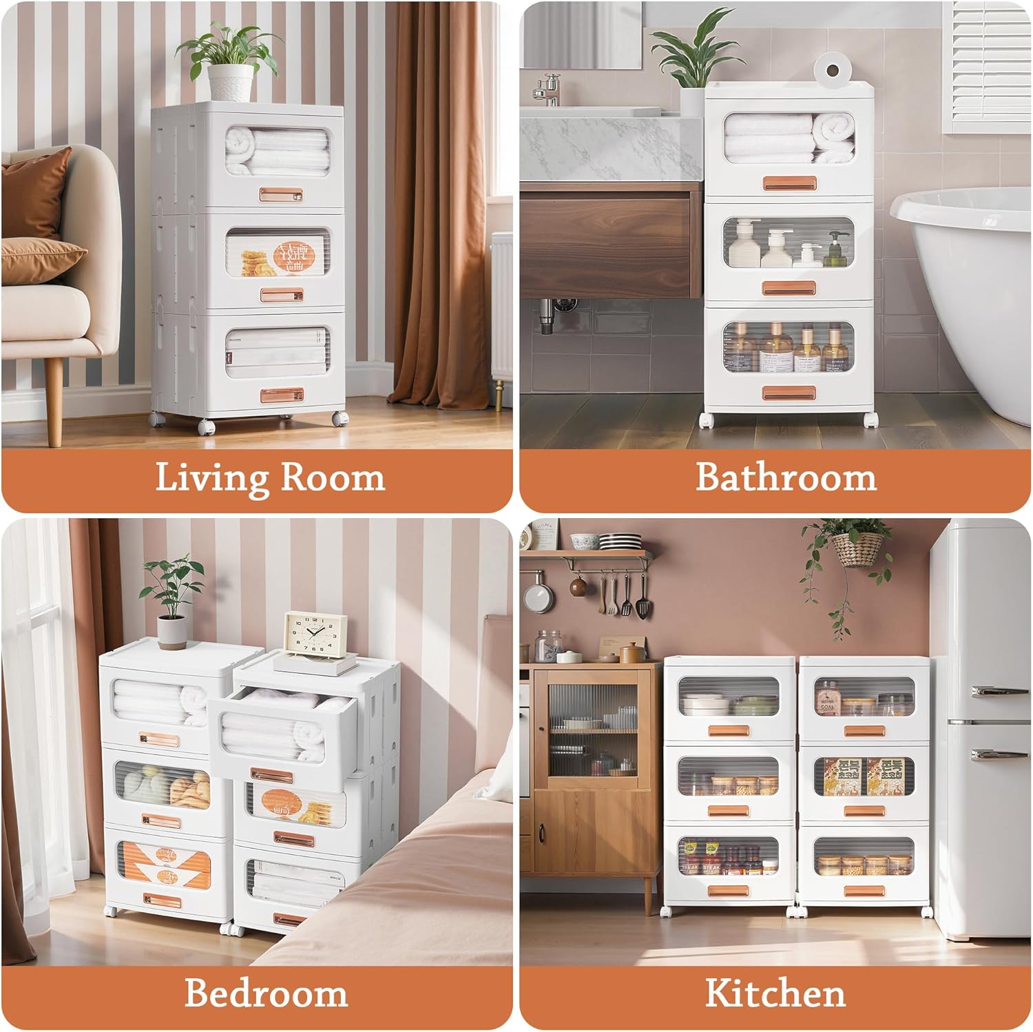 VECELO Plastic Storage Cabinet with Drawers, Stackable Storage Bins with Wheels, Waterproof Bathroom Storage Organizer, Multi-Tier Closet Storage for Bedroom, Living Room, Kitchen, Medium 3-Tier