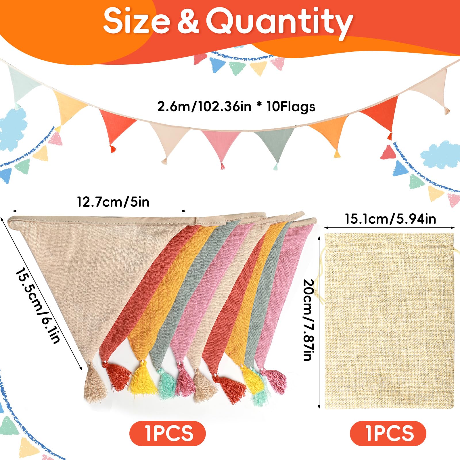 Guirlande Fanions Toile De Jute 9 M - 36 Drapeaux Triangulaires, Déco Extérieur Bohème | Décoration Jardin Mariage Anniversaire