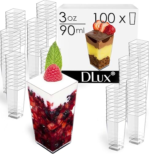 Miniatura 2 de DLux Mini tazas de postre de 100 x 3 onzas (sin cucharas), cuadradas altas, taza de plástico transparente para aperitivos de parfait, pequeño tazón