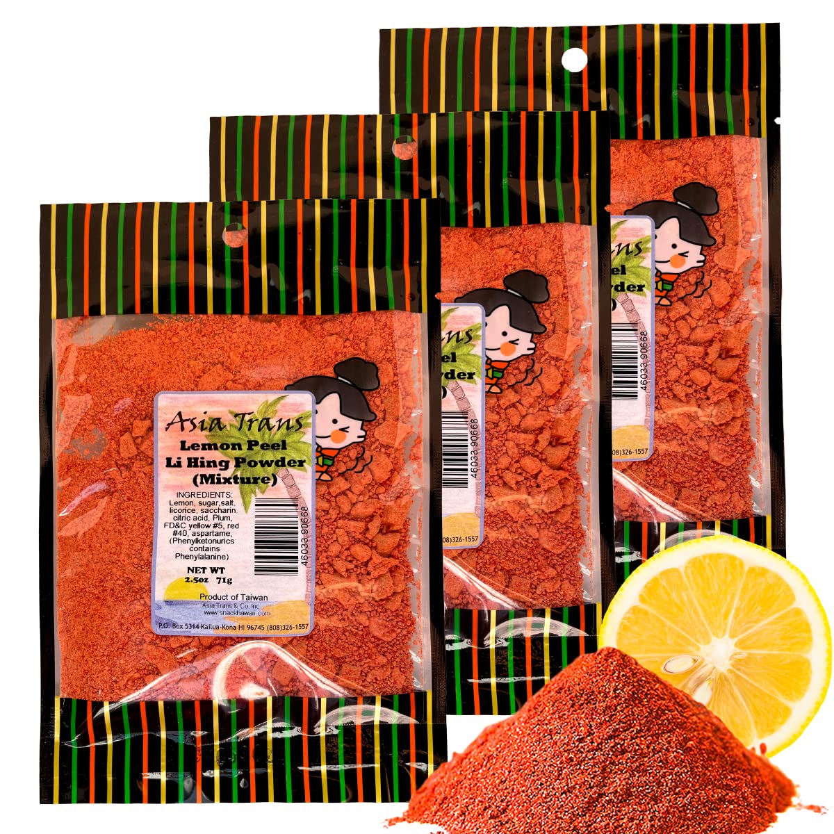 Authentic Lemon Peel Red Li Hing Mui Powder - Flavor Fresh Fruit, Candy, Shave Ice or Cocktail Drinks - Sweet, Sour & Salted Dried Plum Powder - Famous Asian Hawaiian Snack - 2.5 Ounce (3 Pack)