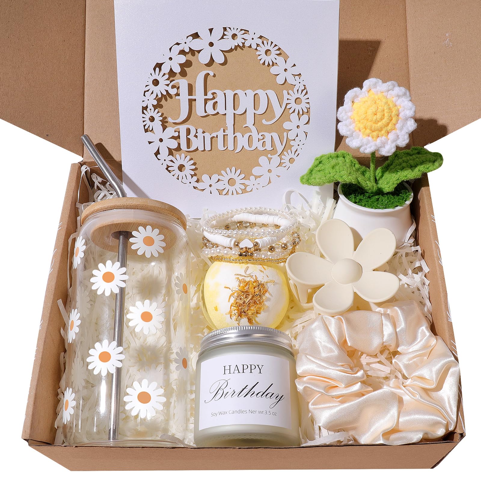  January Birthday Gifts For Women, Happy Birthday Gift Box For Girl,Teen Girl, Her, Women, Sister, Daughter, Friends, Cute Daisy Aesthetic Glass Cups Gift Set 8pcs
