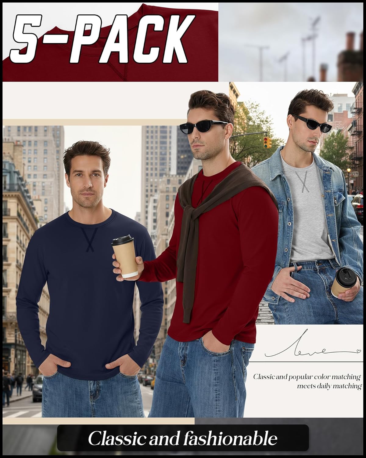 5 Pack Men's Big and Tall Long Sleeve Shirts Crewneck Tops L-7xl Hipster Hip Hop Longline T-Shirts Multipack - Image 2