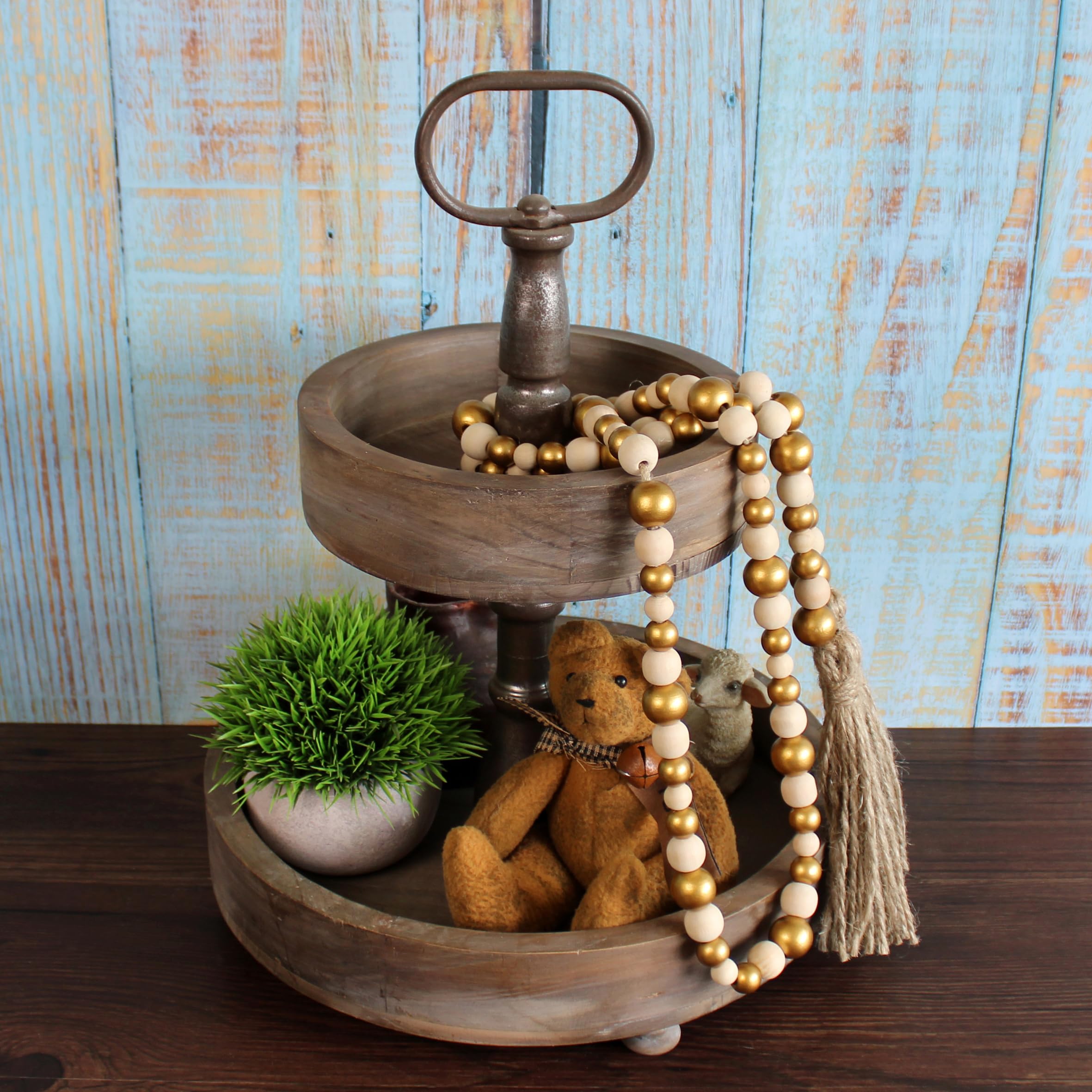 CVHOMEDECO. Wood Beads Garland with Tassels Farmhouse Rustic Wooden Prayer Bead String Wall Hanging Accent for Home Festival Decor. Gold Mix - Image 3