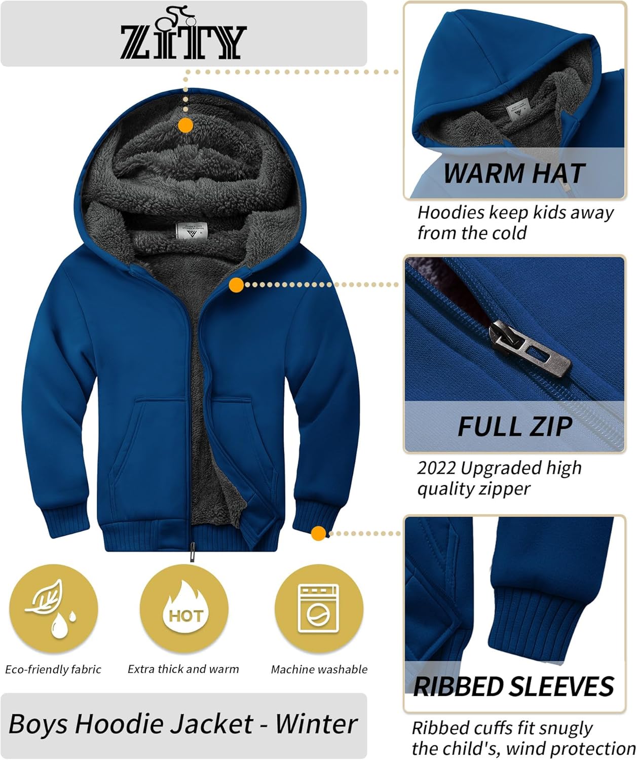 ZITY Boys Zip Up Hoodie Fleece Jacket Kids Sherpa Lined Sweatshirts Outerwear Unisex Warm Winter Coat 6-15 Years Old - Image 4