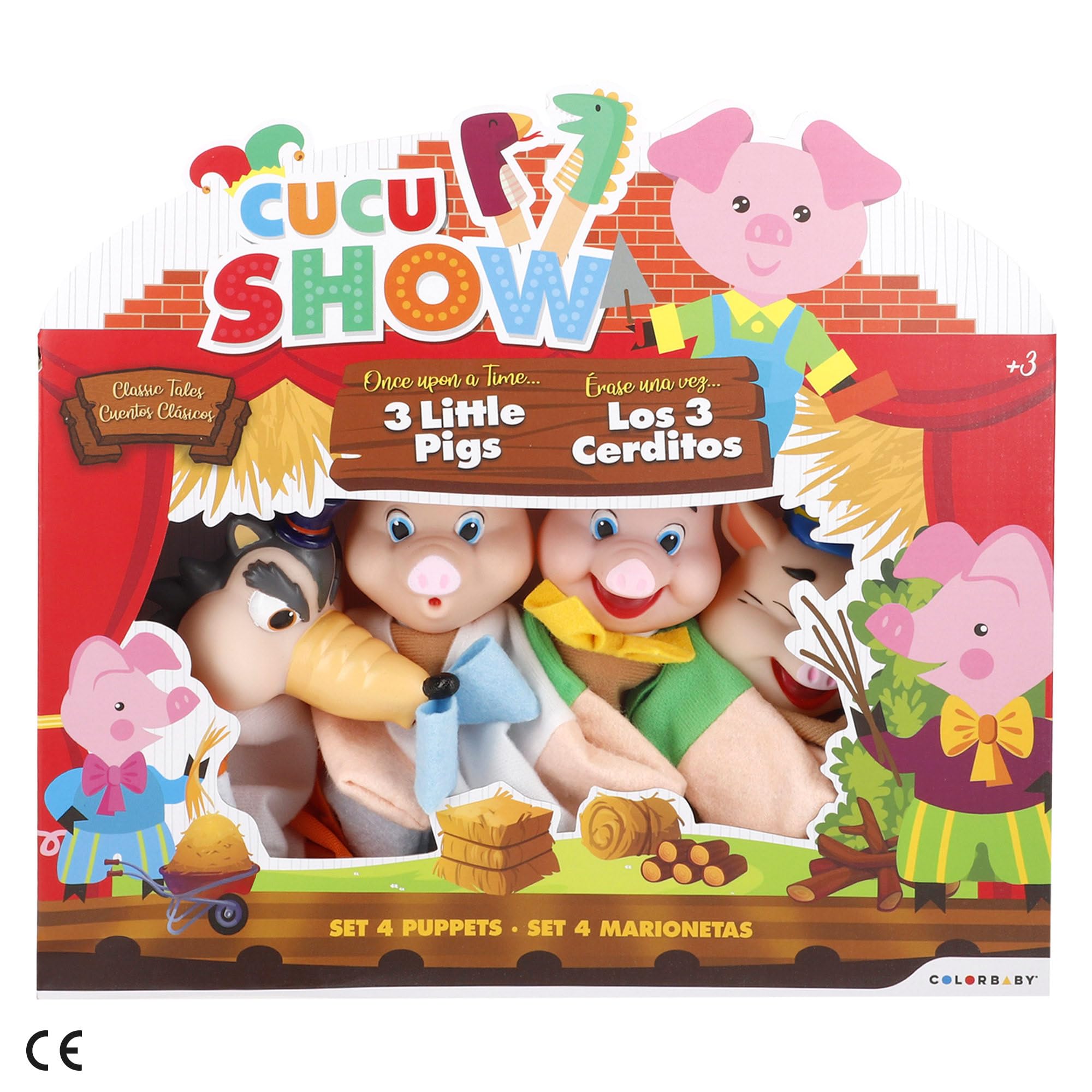 ColorBaby Cucu Show Set Marionetas Los Tres cerditos, 4 títeres Personajes de 25 cm, Materiales Suaves y Seguros, Juguetes Infantil, para Jugar en Grupo o Pasar Tiempo en Familia (39167)