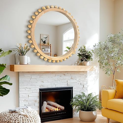 Miniatura 5 de Espejo redondo de madera con cuentas de madera, espejo de pared circular de 24 pulgadas para decoración de pared de sala de estar, baño, entrada,