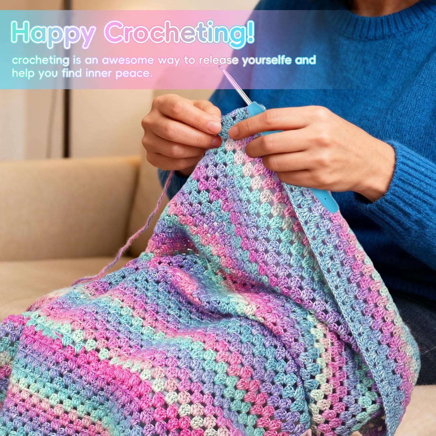Aeelike Blanket Crochet Kit for Beginners, Super Easy Crochet Blanket Kit with Soft & Colorful Gradient Yarns Detailed Video Tutorials Crocheting Accessories, Aurora Purple Gradient & Ideal Gift