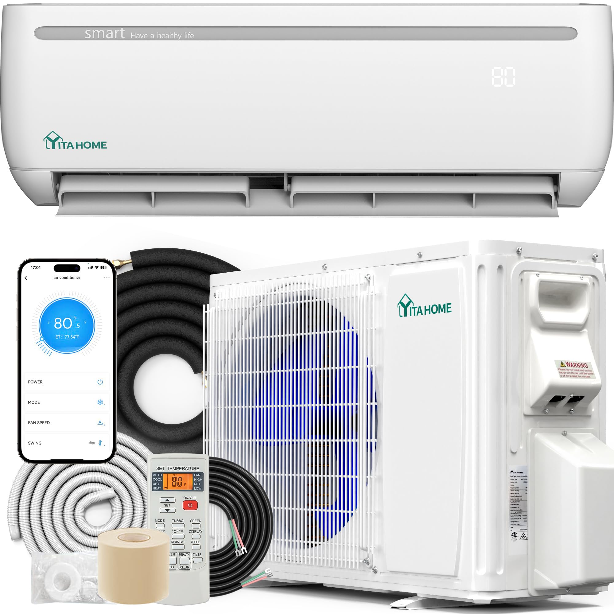 YITAHOME 24000 BTU Mini Split Air Conditioner Heat Pump System, Wifi Enabled 18.5 SEER2 208-230V Inverter Ductless AC Cool Up to 1500 Sq. Ft, Compatible with Alexa, Complete Installation Kit, White
