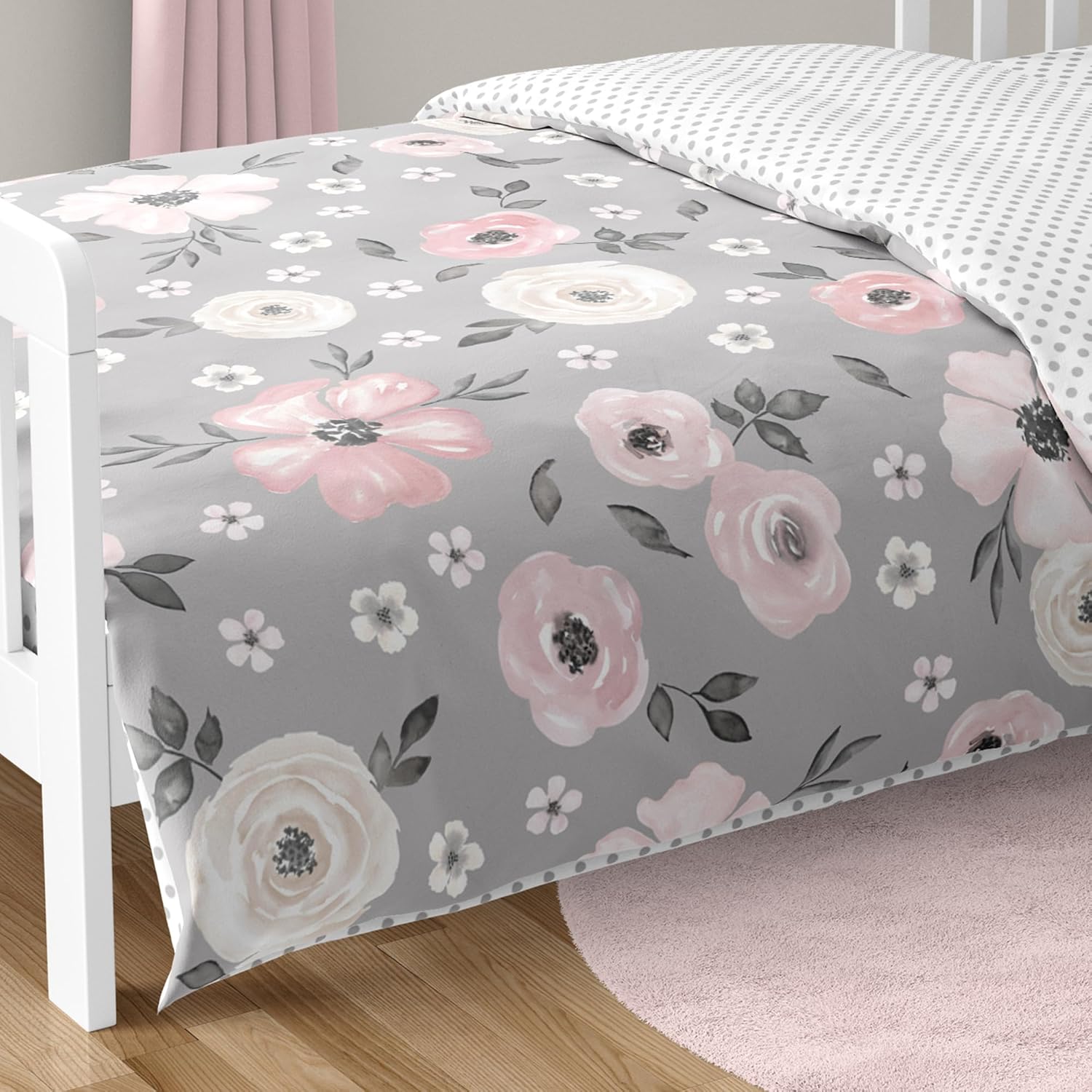Sweet Jojo Designs Grey Watercolor Floral Girl Toddler Kid Childrens Comforter Bedding Set - 5 pieces Comforter, Sham and Sheets - Blush Pink Gray and White Shabby Chic Rose Flower Polka Dot Farmhouse