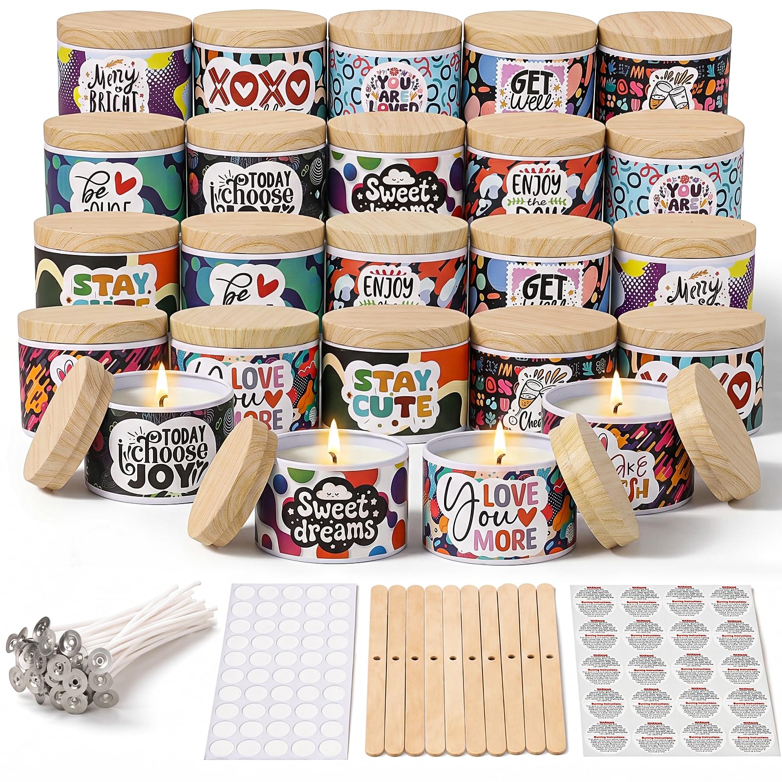 LumaCraft Barattoli spessi per realizzare candele, 24 pezzi, barattoli vuoti da 113,4 g con coperchi in legno per la realizzazione di candele, contenitori colorati per candele con stampa motivazionale