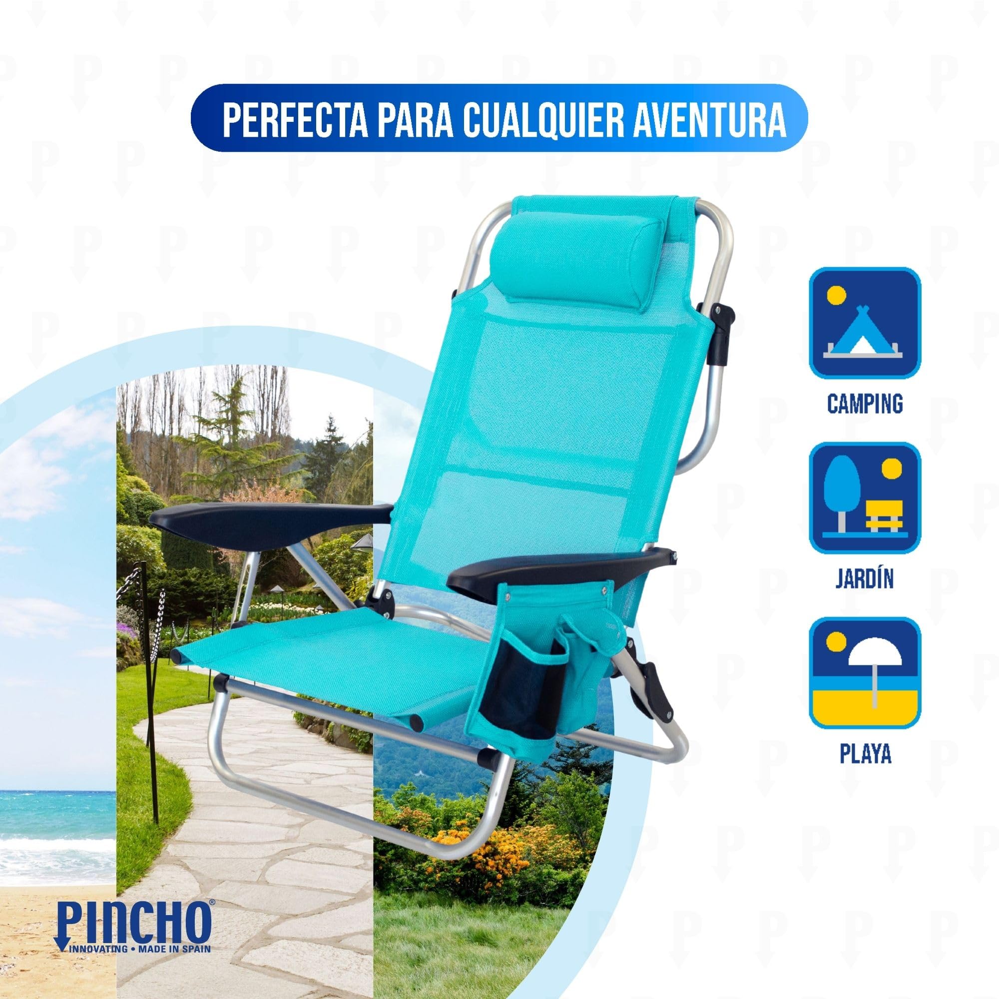 Pincho Silla de Playa Plegable 4 Posiciones Plegable con Cojin Ajustable y Bolsillos Portaobjetos Estructura de Aluminio Tejido Transpirable Resistente hasta 110 kg
