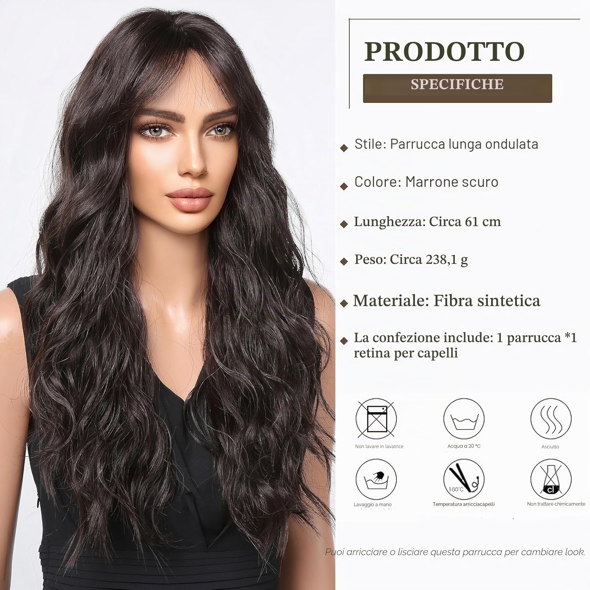 Esmee Parrucche Lunghe Ondulate Marrone Scuro per le Donne Natuaral Capelli Sintetici Resistenti al Calore Parrucca Brunette per Uso Quotidiano Cosplay Party