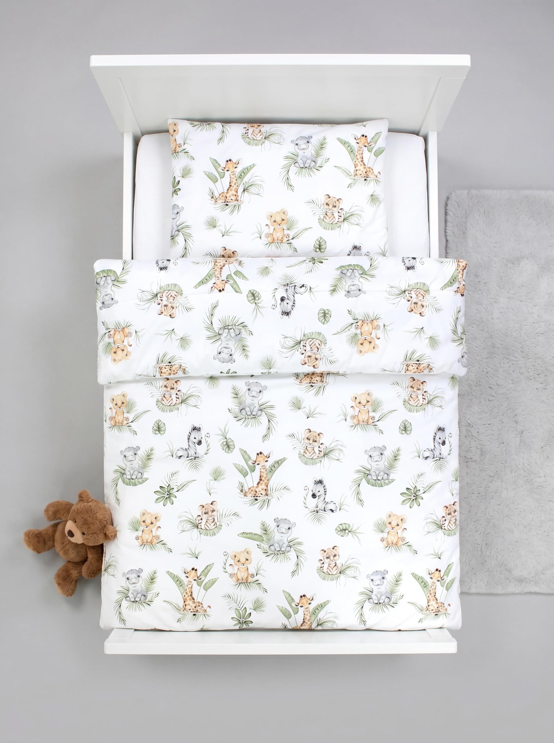 TupTam Enfants Couette à Motifs Set Couverture Toute l'année Couverture Oreiller Plat 2pcs., Safari/Lion/Marron/Feuilles/Vert, 135x100 cm