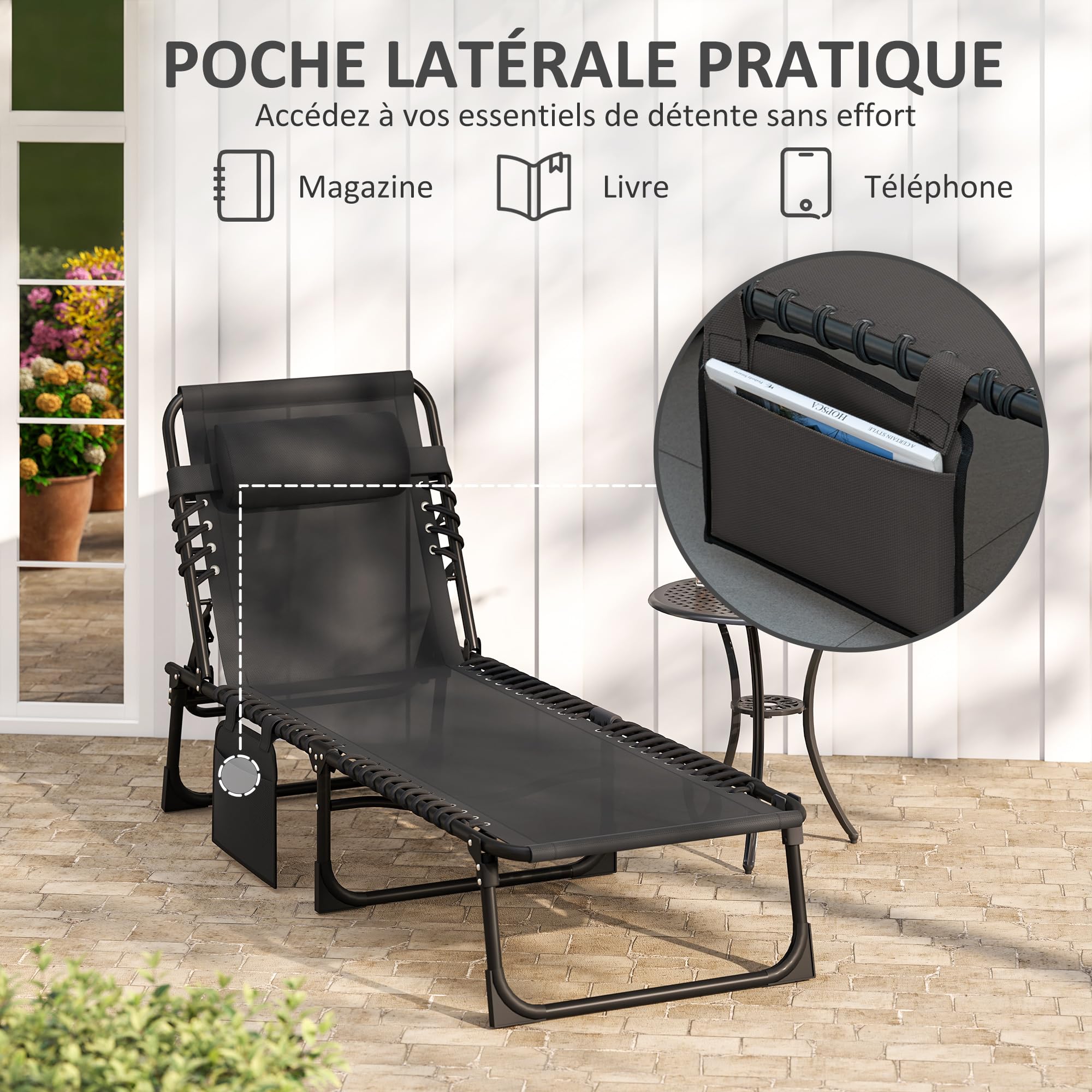 Outsunny Chaise Longue Pliable Bain de Soleil transat de Relaxation Dossier inclinable 5 Niveaux têtière Amovible Pochette latérale intégrée revêtement textilène Acier dim. 189x58x30cm Noir