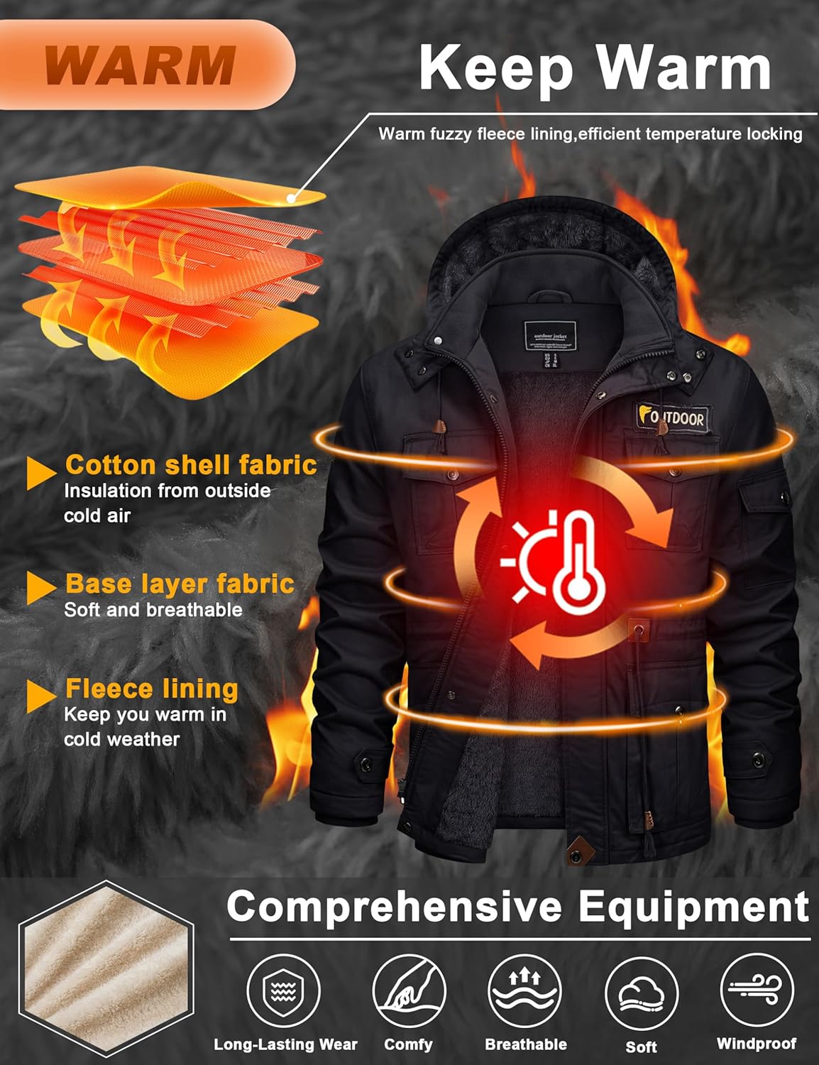 CRYSULLY Men's Winter Jacket Cotton Military Jackets Fleece Lined Thick Warm Cargo Coats Multi-Pocket Outwear with Hooded - Image 3