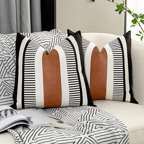 Farmhouse - Funda de almohada para sofá o funda de cojín cuadrado sofá de piel sintética decorativo, funda con acento a rayas tribal 18 x 18