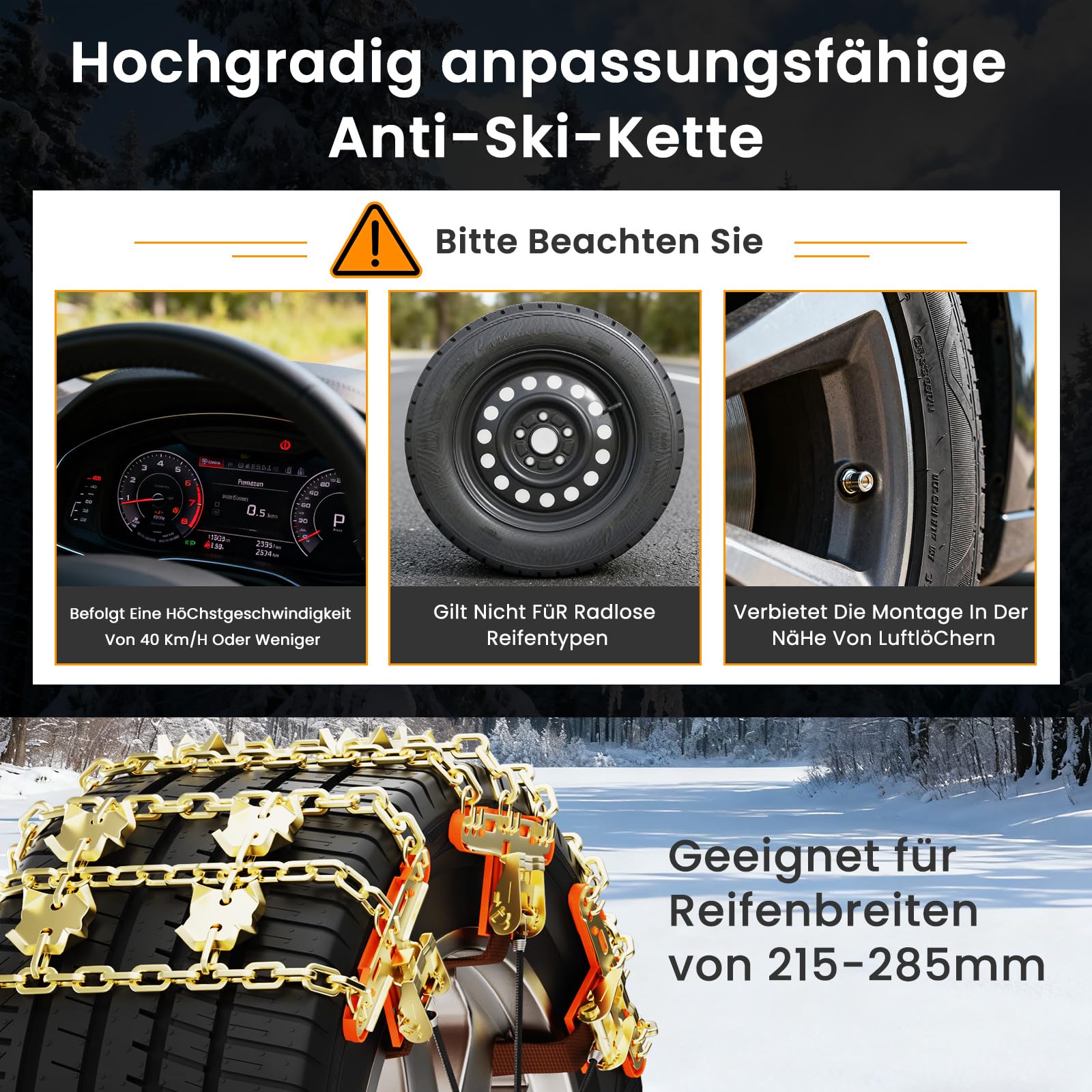 MOONCOOL Uniwersalne łańcuchy śniegowe do opon samochodowych 215-285 mm szerokości, przyczepne, odporne na zużycie, łańcuchy śniegowe, szybki montaż, z rękawiczkami i torbą do przechowywania, do