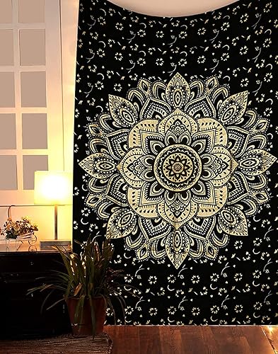 raajsee Tapiz de mandala dorado para dormitorio, tapiz de pared indie, decoración hippie para habitación, tapices bohemios, bonito tapiz para colgar