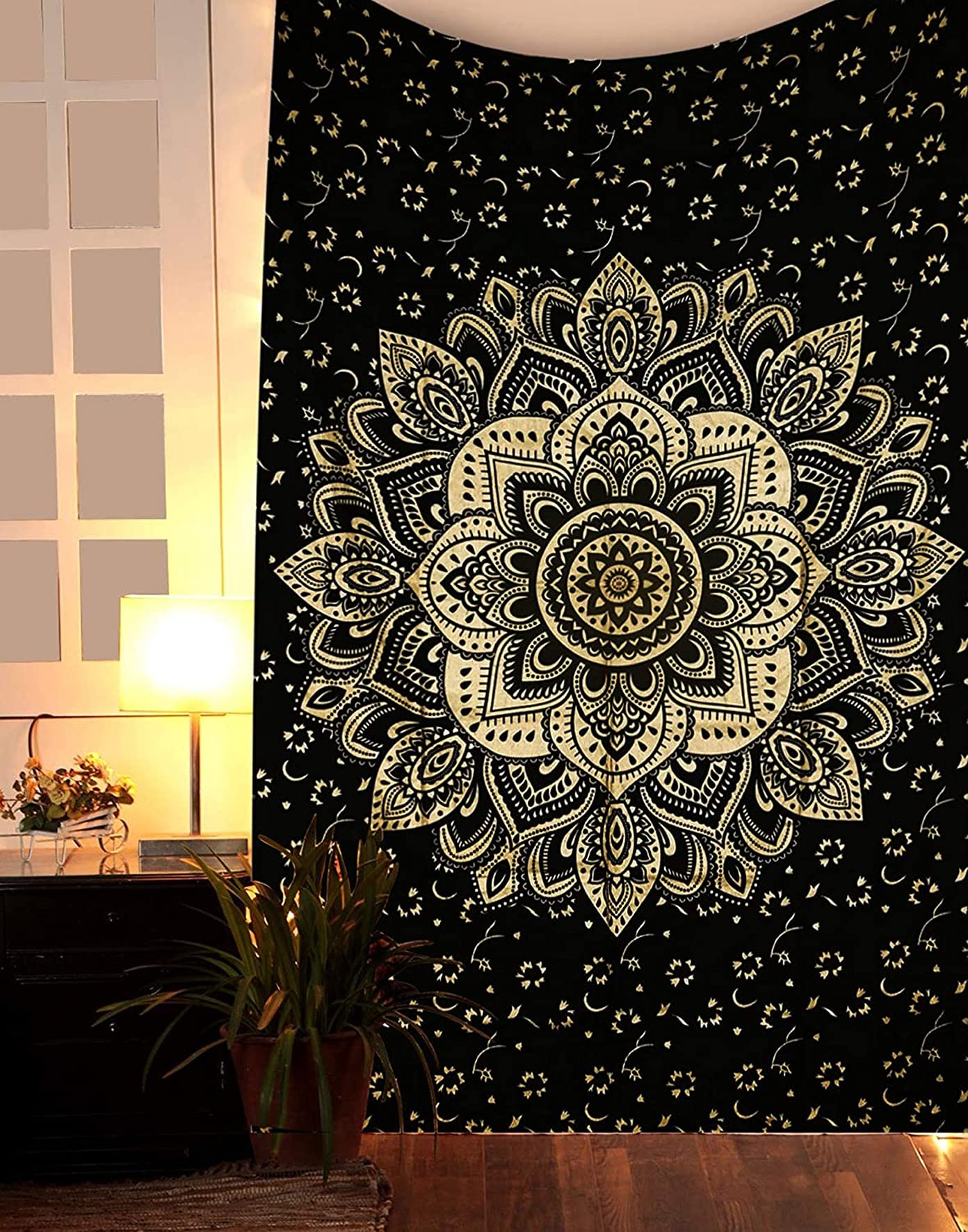 Rajsee Gold Mandala Tapestry - Boho Bedroom Aesthetic - Trippy Cute Wall Hanging - Black Gold Wall Art 52x82 Inches