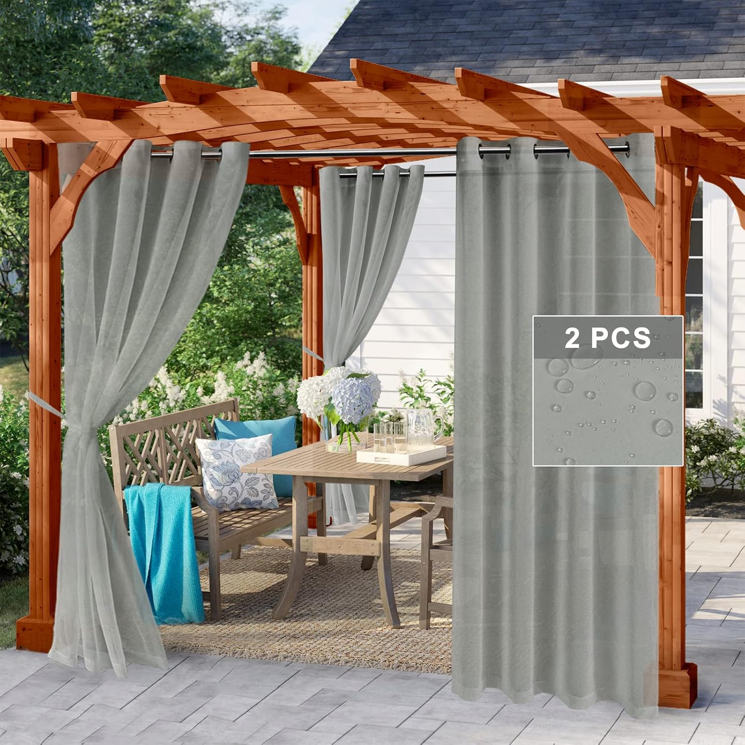 Hiasan Lightweight Outdoor Sheer Curtain for Patio Waterproof Window Curtains Panels with Rustproof Steel Grommet Top in Porch Pergola Cabana Gazebo Set of 2 Panels (W52 x L84,Gray)
