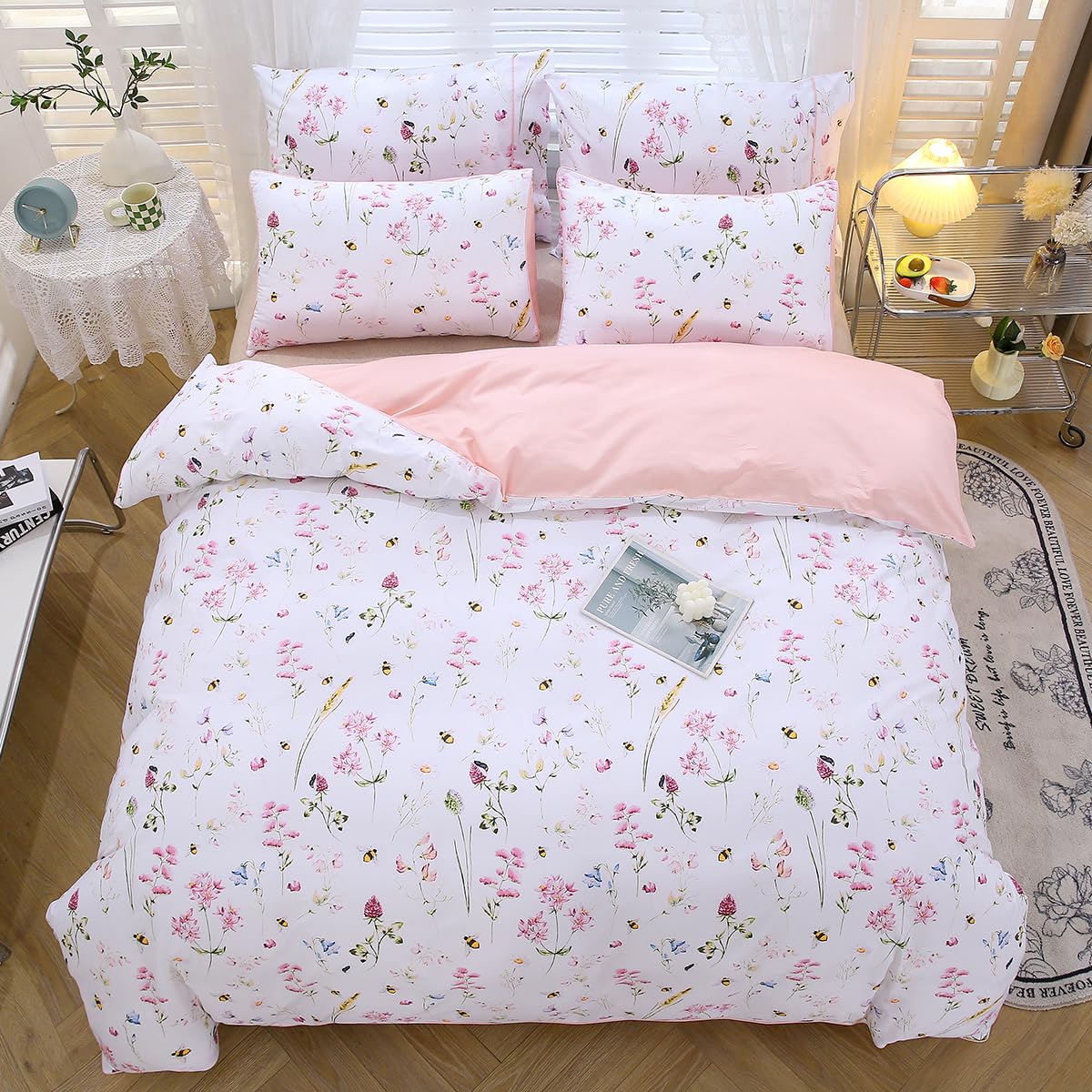 STYHO 3 Pcs Pink Floral Bedding Double Egyptian Cotton Flower Duvet Cover Set including Bees Printed Ultra Soft Reversible Farmhouse Botanical Bedding Sets for All Seasons(Bees - Image 3