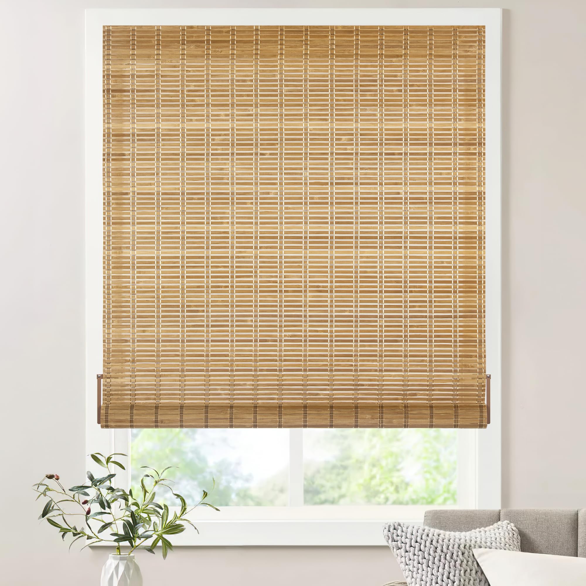 LazBlinds No Tools No Drill Bamboo Roller Shades, Cordless Bamboo Blinds, Light Filtering Roll Up Blinds for Windows, French Door, Porch or Patio
