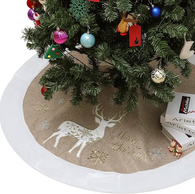 Lewondr 48 Inch Christmas Tree Skirt with Beautiful Deer Snowflake Embroidery Pattern, Burlap Christmas Tree Decoration Base Cover for Holiday Party Celebration Christmas Decorations, Khaki & White