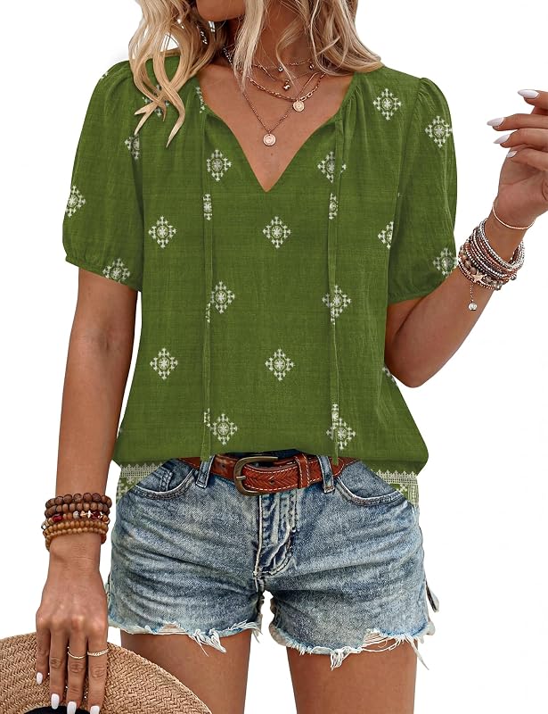 Rapbin Bluse Damen Sommer Boho V-Ausschnitt Vorn Gebunden Oberteile Kurzarm Lässige Lockere Fließende Tunika Tops Damenblusen Elegant