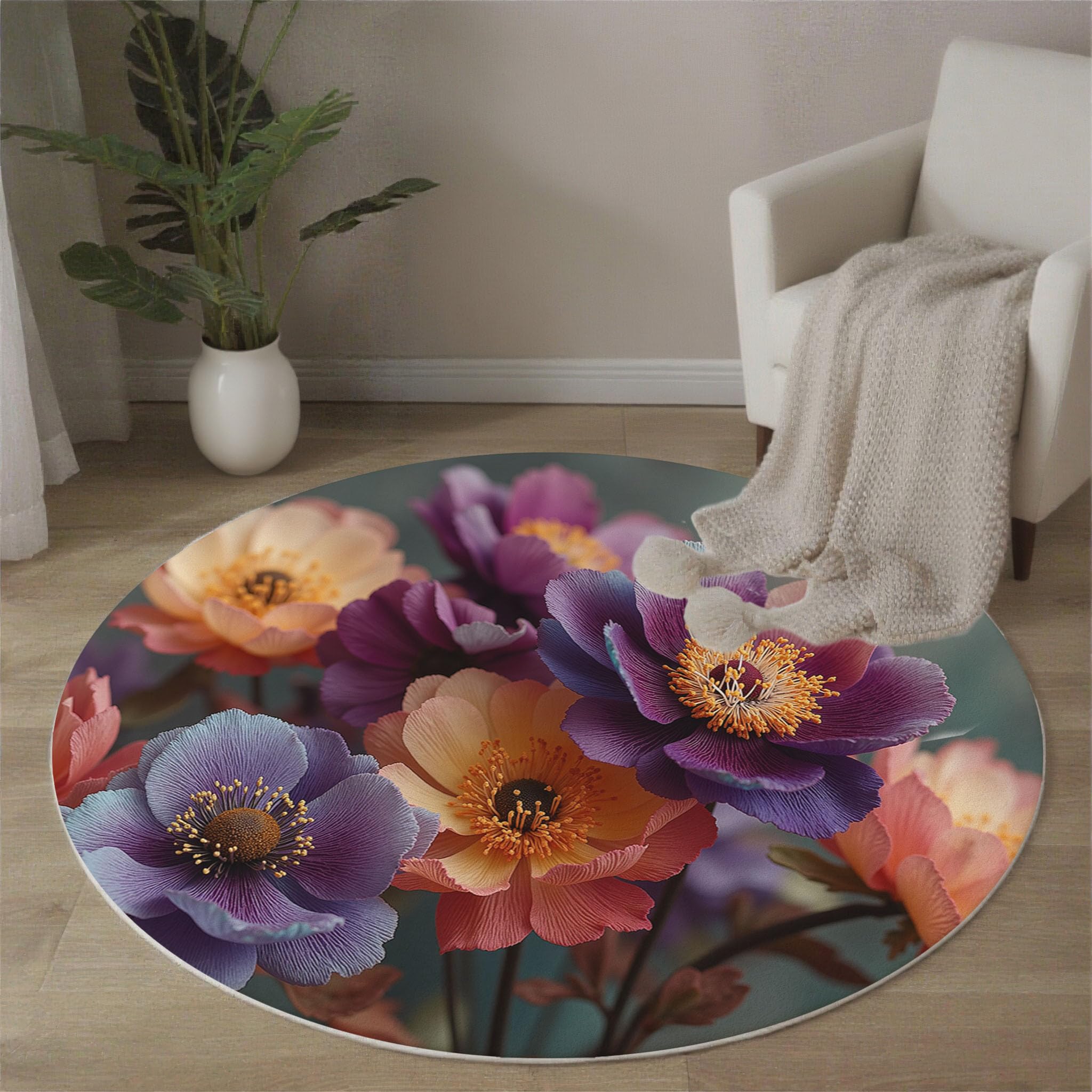 Tapis rond fleurs 100 cm moquette lavable et antidérapante pour chambre enfant