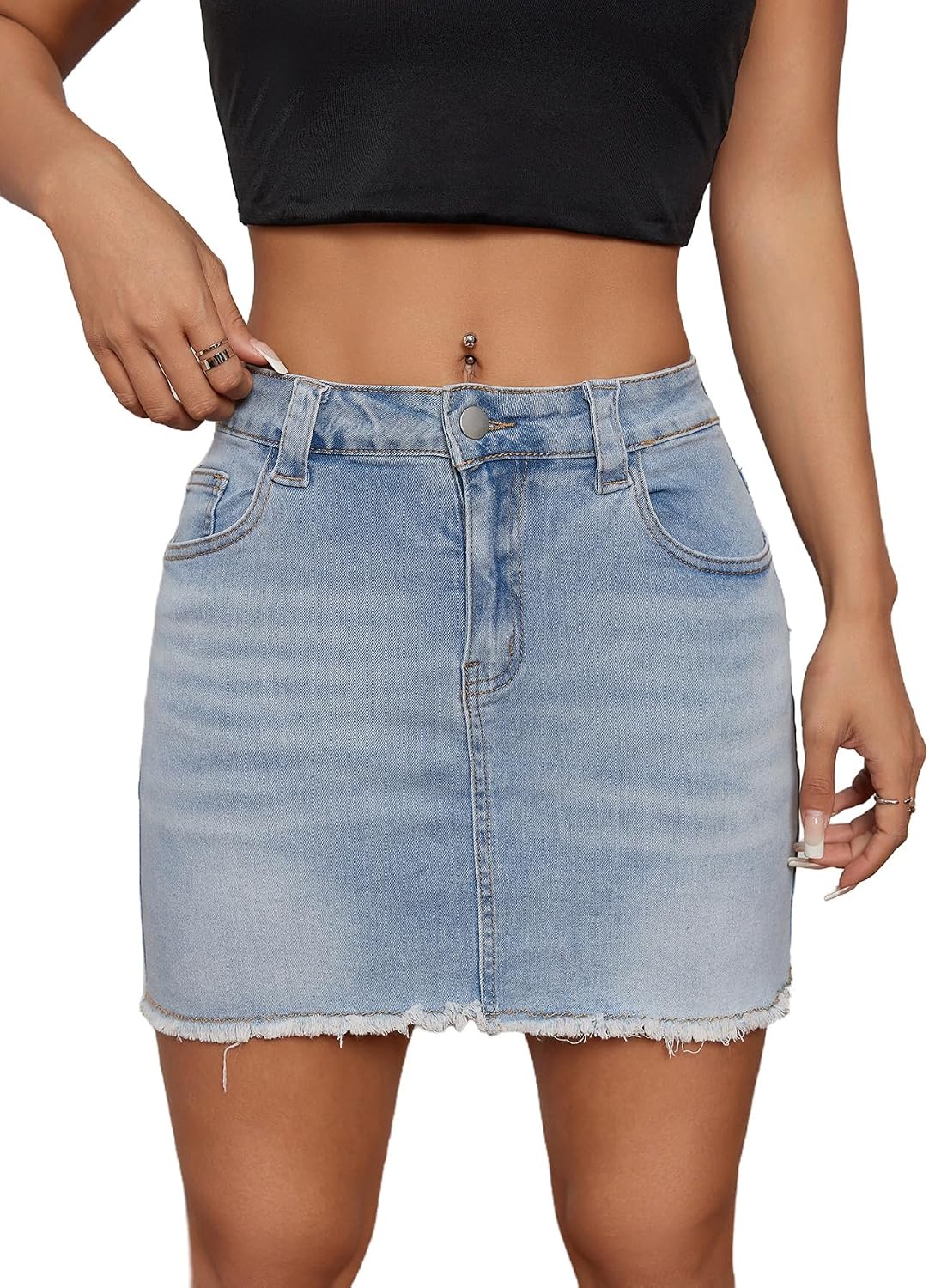 Milumia Women’s High Waist Bodycon Denim Mini Skirt Y2K Raw Hem Jean Skirt