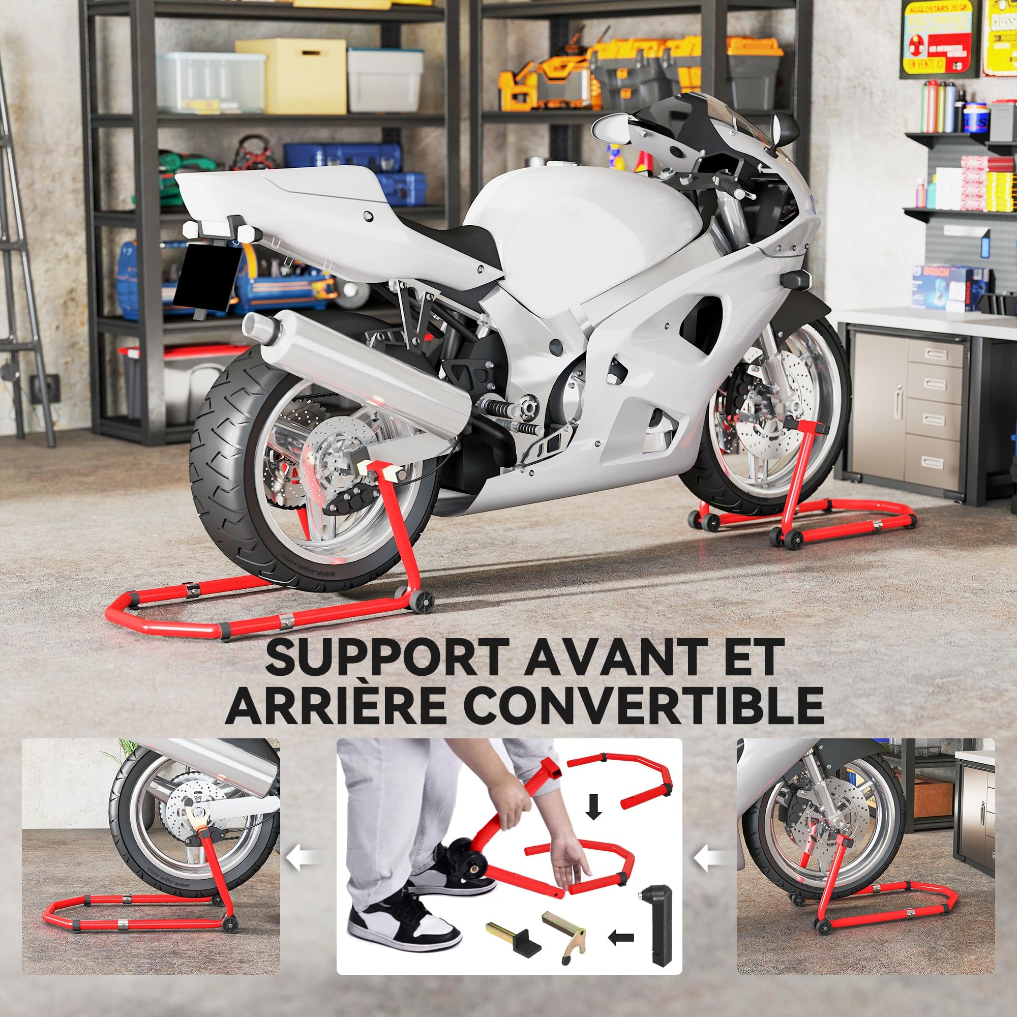 HOMCOM Béquille Roue Avant Arrière Charge 390 kg Bras Réglable Rouge | Béquille d'Atelier Moto, En Acier, Lève-Moto Fourche en Forme de U + L, Réparation Entretien Stockage Domicile