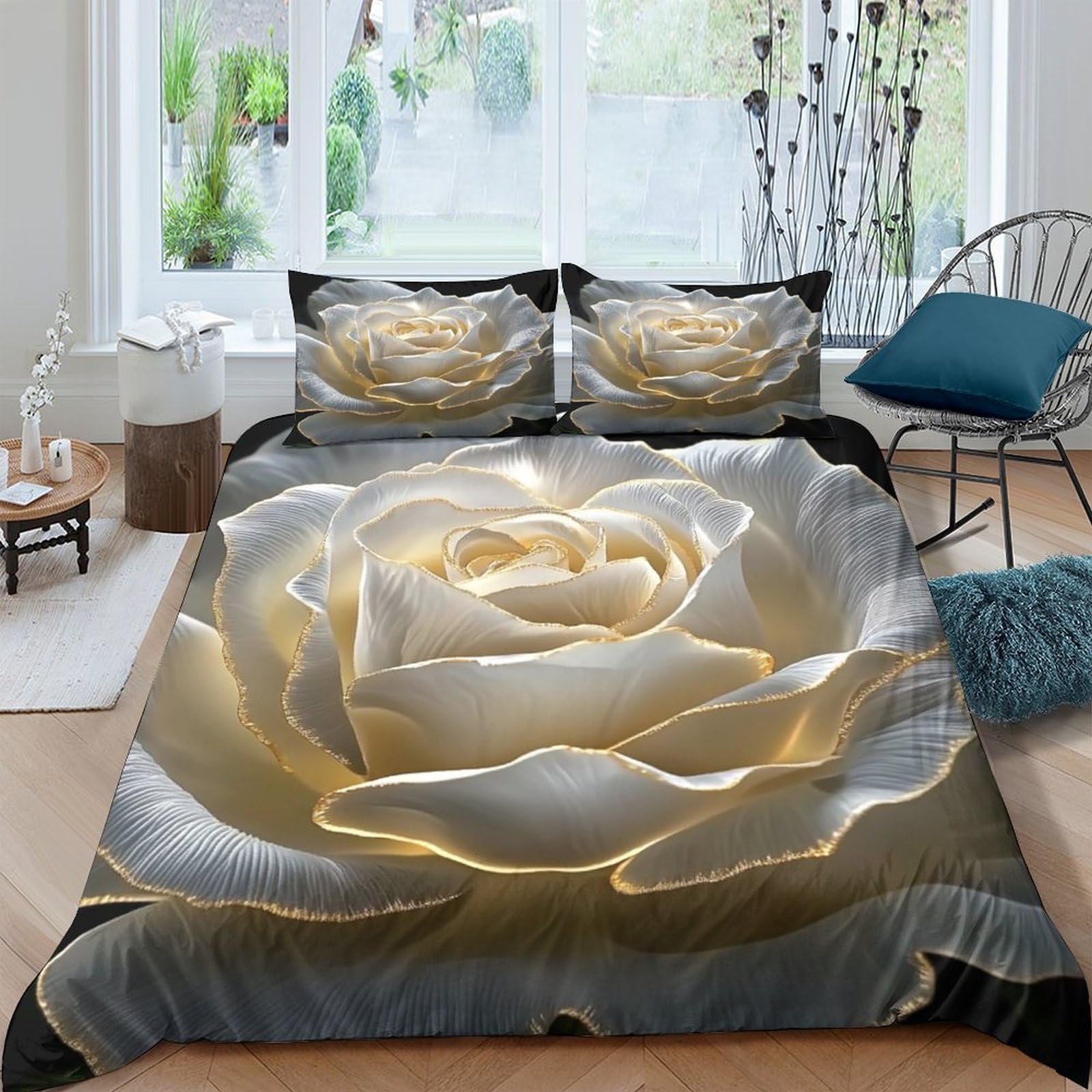Ctjqhvkz Style-5 3D Printed White Rose Fitted Sheet Microfiber Soft Anti-Slip Gold Petal Bed Cover For Bedroom Guest Room Easy Care Single（135X200cm）