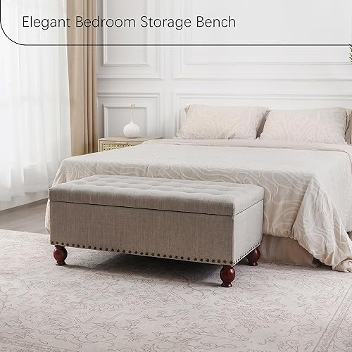 Miniatura 13 de Asense Banco otomano de almacenamiento, banco tapizado rectangular de tela de lino de 40 pulgadas con tapa con bisagras para el pie final de la Gris