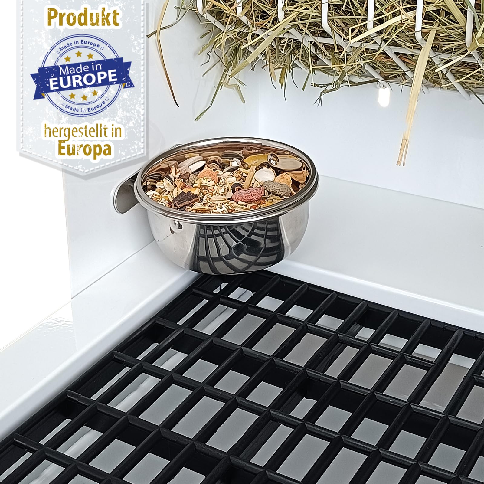 Futterstation aus Metall für Kaninchen mit integrierter Käfigtoilette - Heuraufe - Trinkflasche - Futternapf