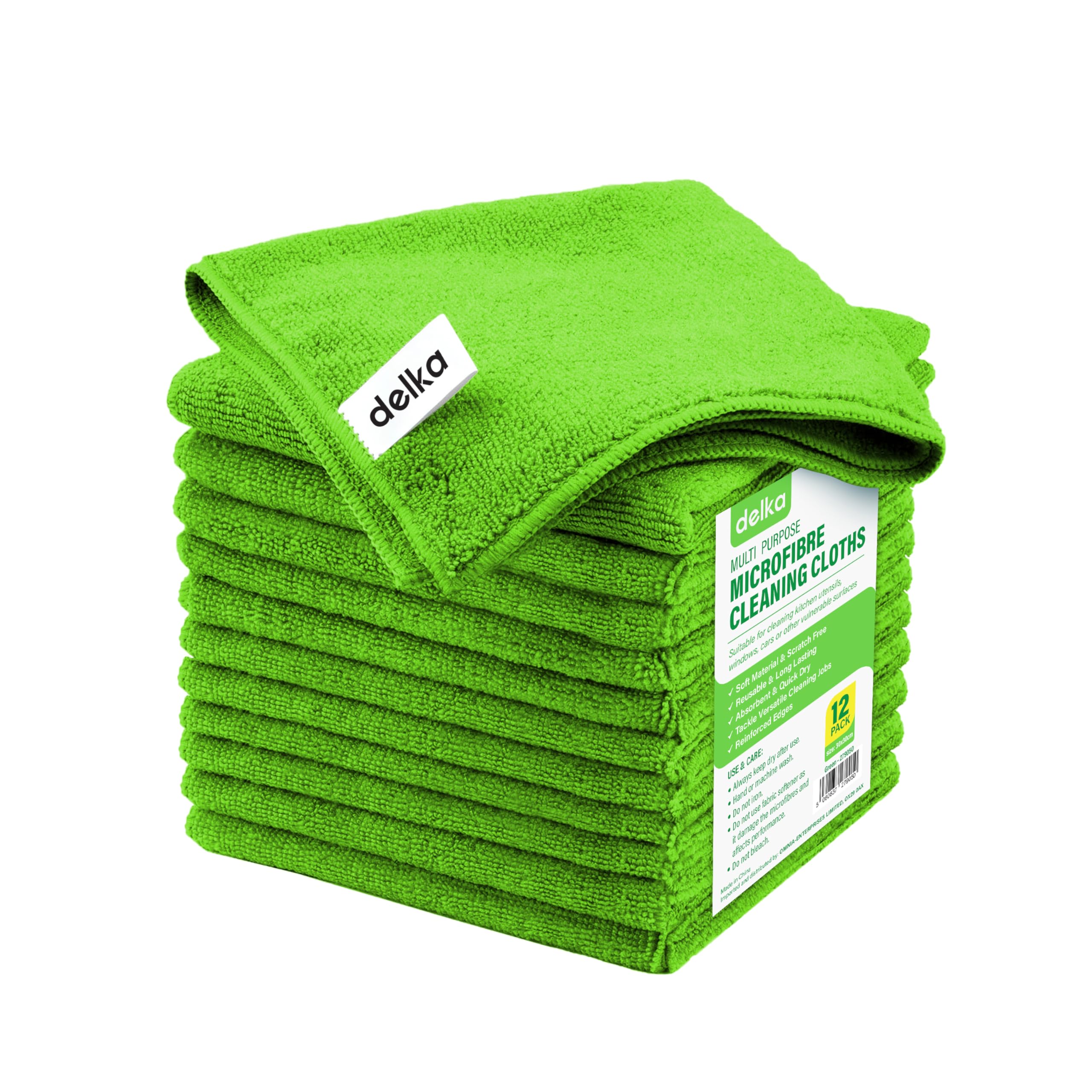 delka Microfibre Cleaning Cloths –Multi-Purpose, Ultra Soft & Lint-Free –Reusable, Streak-Free for Kitchen, Car, Glass, Windows & Electronics (Green,12 Pack)