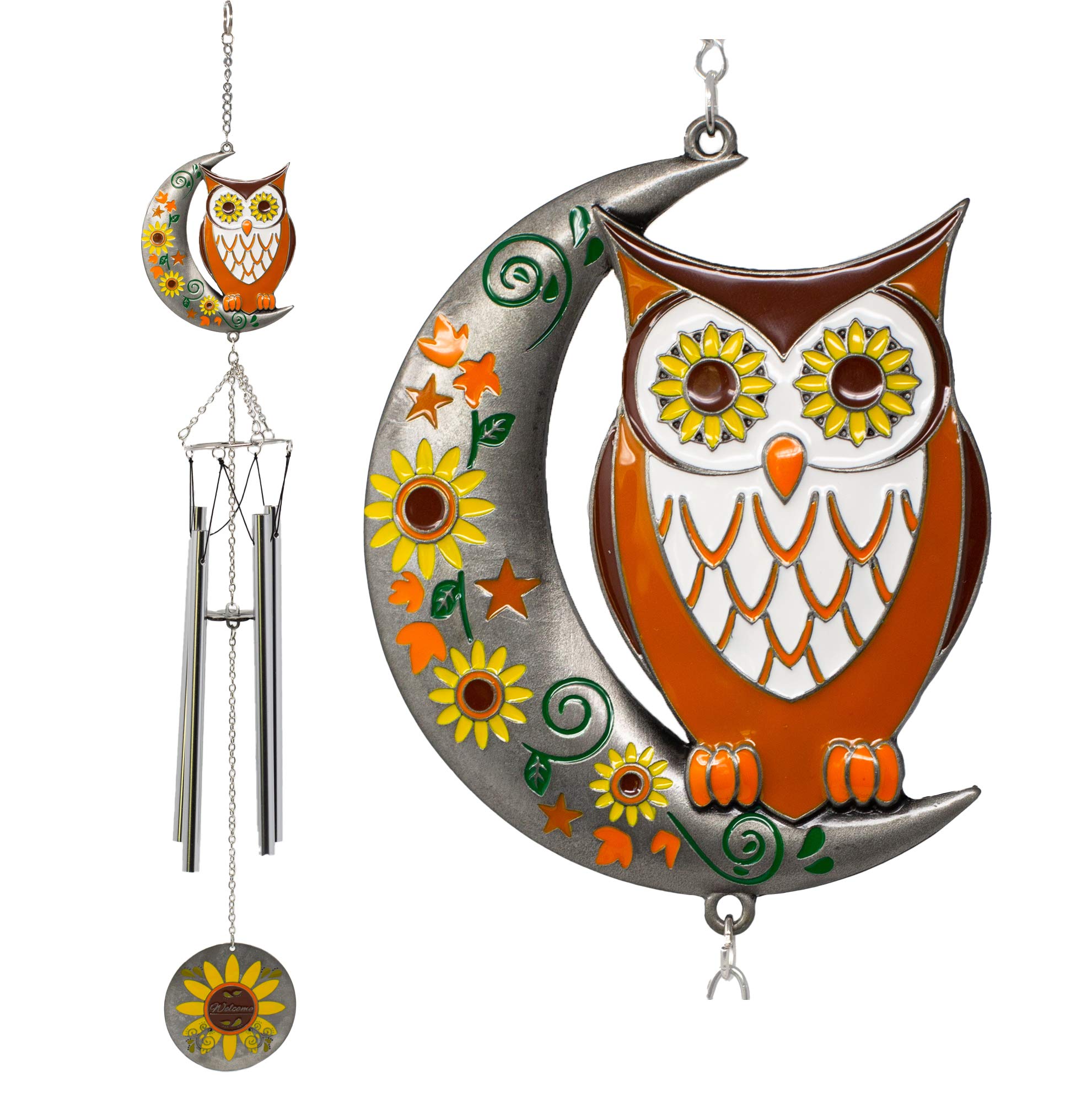 Owl Windchimes - Sunflower Welcome Medallion - Enameled Owl with Sunflowers Stars Leaves and a Moon - Hangs 24" L