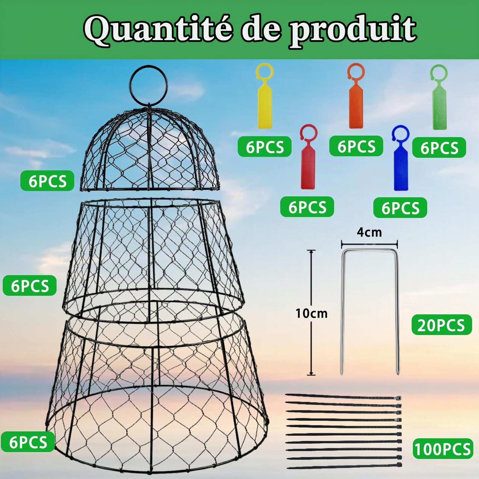 Lot de 6 housses de protection en fil de fer pour plantes, 45 cm x 29 cm, antirouille et robuste, avec piquets et étiquettes, cloches de jardin modulaires pour semis, fleurs, légumes, protéger des
