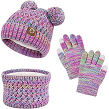 Kids Winter Hat Gloves Scarf Set,Toddler Girls Winter Hat Kids Beanie with Pom Neck Warmer Gaiter Mittens Fleece Lined Set