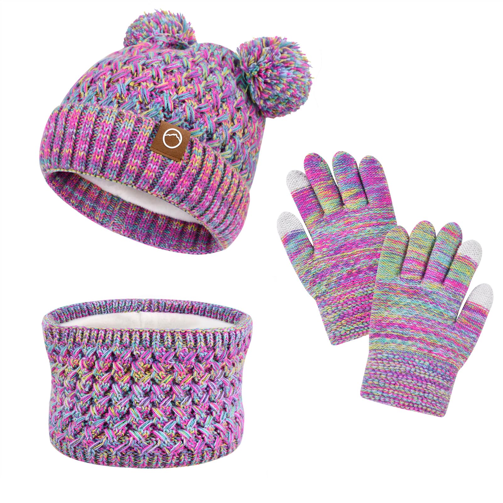 Kids Winter Hat Gloves Scarf Set,Toddler Girls Winter Hat Kids Beanie with Pom Neck Warmer Gaiter Mittens Fleece Lined Set