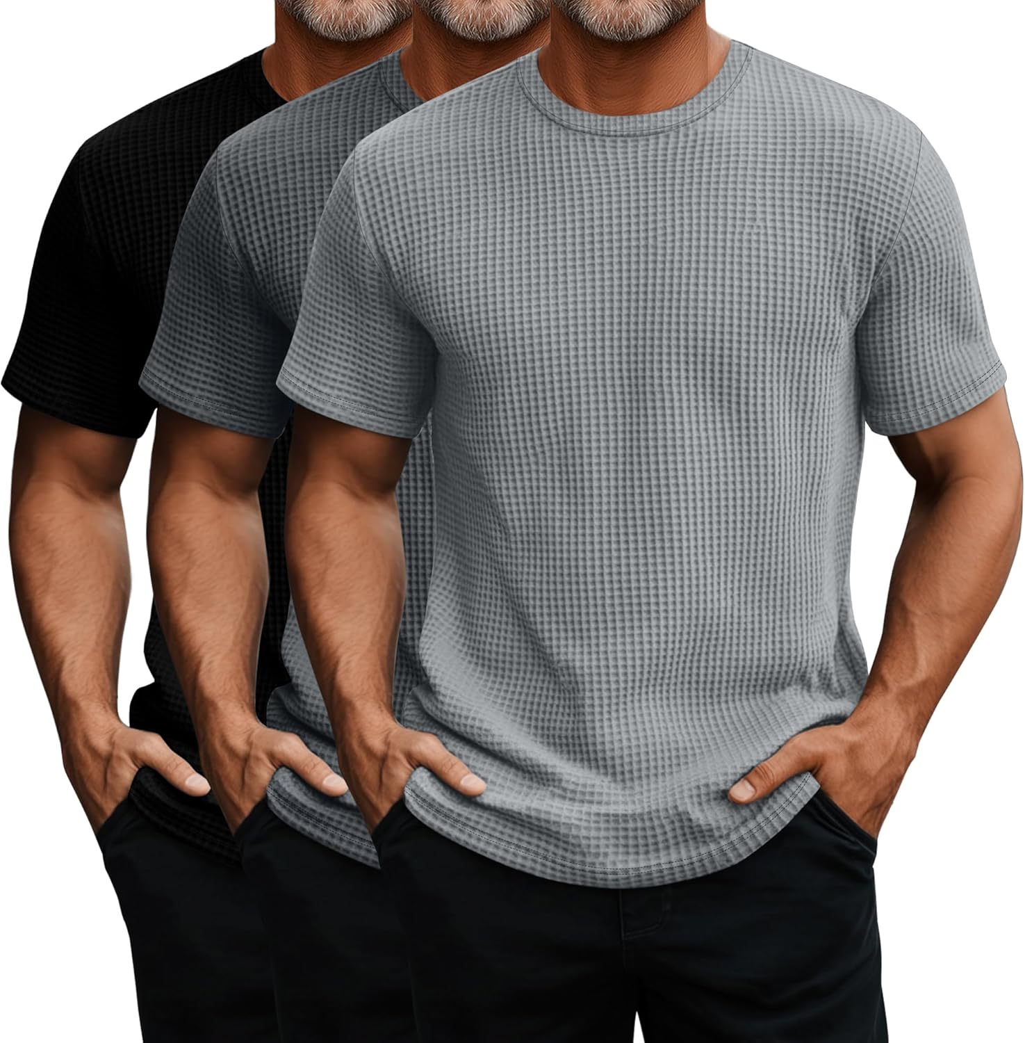Ficerd 3 Pack Men's Short Sleeve Waffle Knit Shirts, Casual Textured Crew Neck Summer T-Shirts Lightweight Solid Pullover Tee