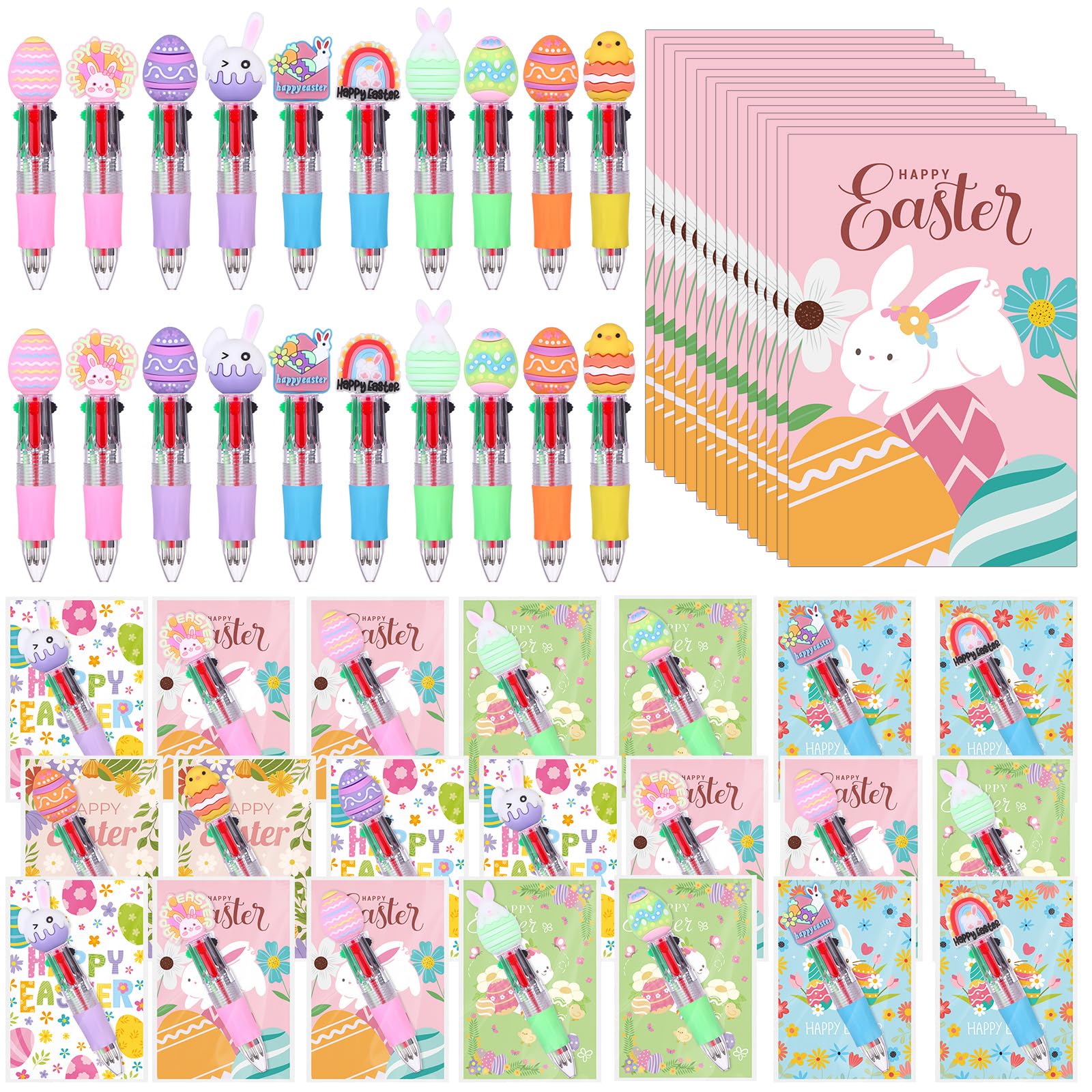 50 Sets Easter Pens Gifts Bulk Cartoon 4 in 1 Multicolor Ballpoint Pens with Greeting Cards 0.7mm Cute Bunny Egg Pens for Easter Party Favors Basket Goodie Bag Stuffers Students Reward Classroom Gifts
