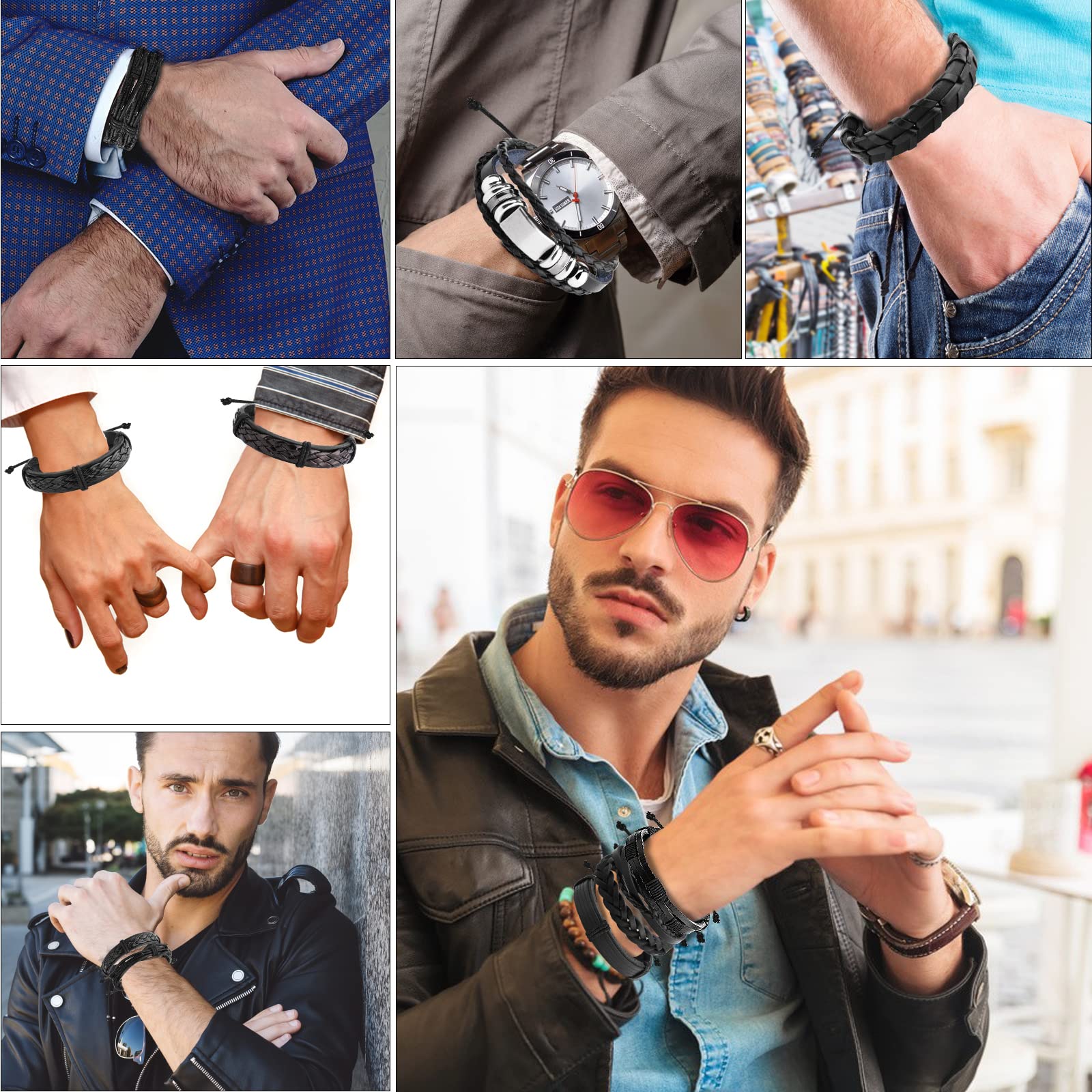 12 Pezzi Bracciali Pelle Intrecciata Uomo Braccialetto per Polsini da Donna Bracialete Nero Marrone Braccialetti Larghi in Pelle Intrecciata Bracciale Uomo Corda Regalo Amico