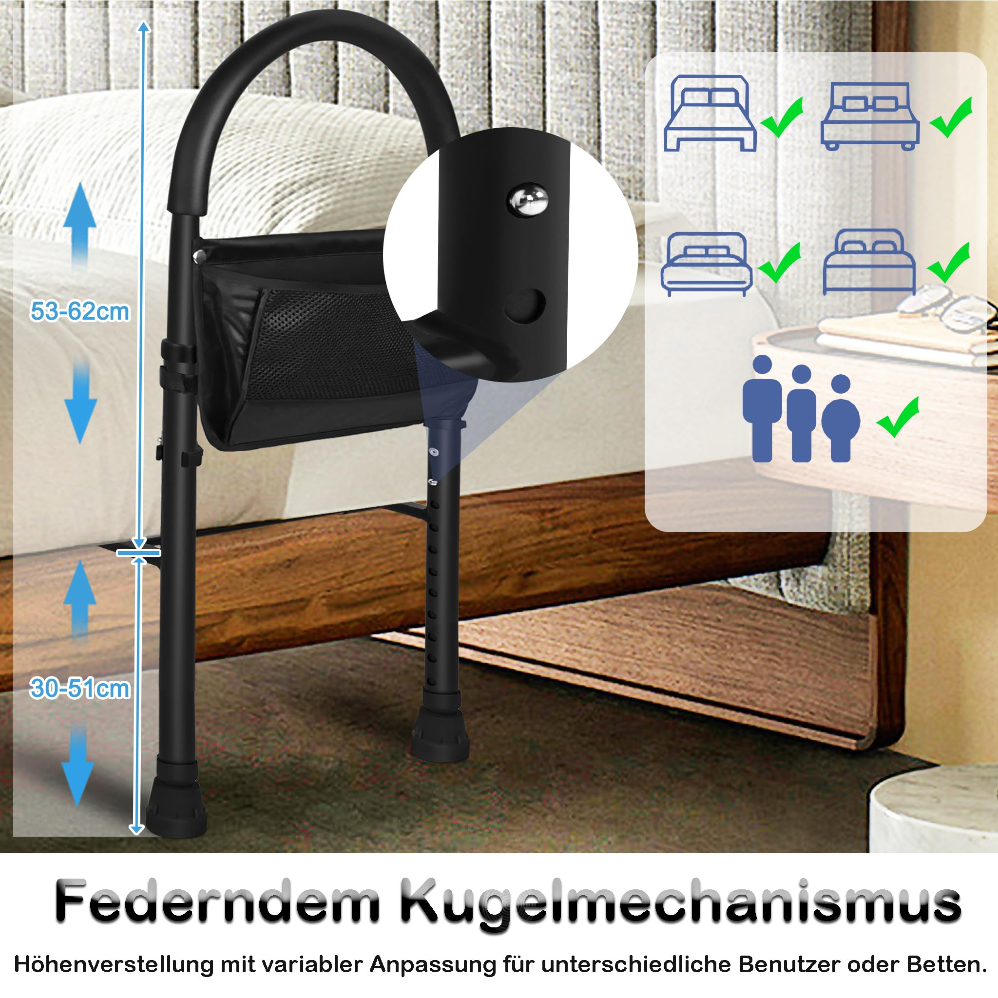YRHome Składana barierka do łóżka, pomoc przy wstawaniu do łóżka, ochrona przed wypadnięciem, pomoc dla seniorów, regulowana 83-113 cm, z antypoślizgowym uchwytem do łóżka, stabilne nóżki i torba do