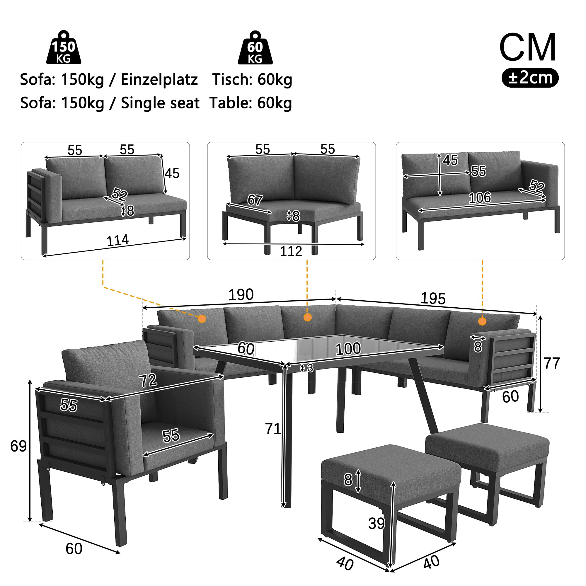 Mrwoo Halbmond Sofaset für 8 Personen mit Glastisch, 1 Sessel & 2 Hocker, Wetterfeste Gartenmöbel aus Eisengestell mit grauen Polstern für Terrasse & Balkon (Grau)