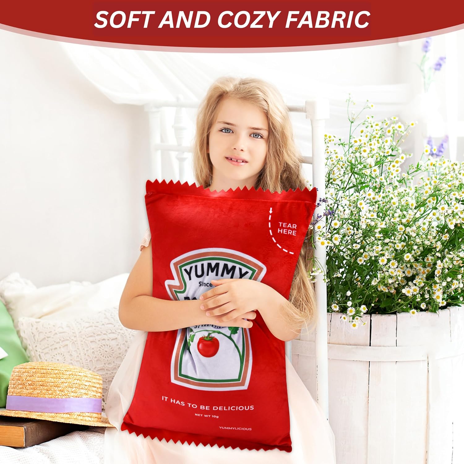 Premium Ketchup Pillow Plush - 20"x12" Tomato Décor Cool Decor Ketchup Stuffed Animal Funny Plushies Palm Pals Plush Food Giant Plush Ketchup Throw Pillow Ketchup Packet Pillow