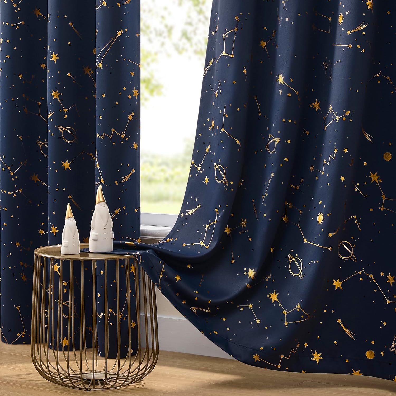 Navy Full Blackout Window Curtains Stellar Metallic Noise Reducing Panels 84 Inches Long Grommet Top for Kid,Thermal Insulation Window Treatment for Boy Girl Bedroom Living Room,52Wx84Lx2