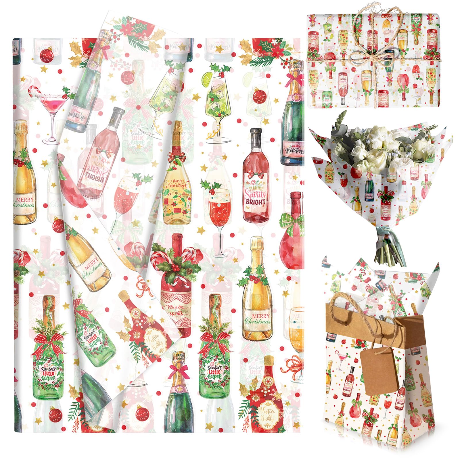 50 Sheets Christmas Tissue Paper Sheets for Wrapping Gifts, 50x35cm Wine Bottle Gift Wrapping Paper for Packaging Gift Bags,Tissue Papers Bulk for Craft DIY Christmas Birsthday New Year Decoration