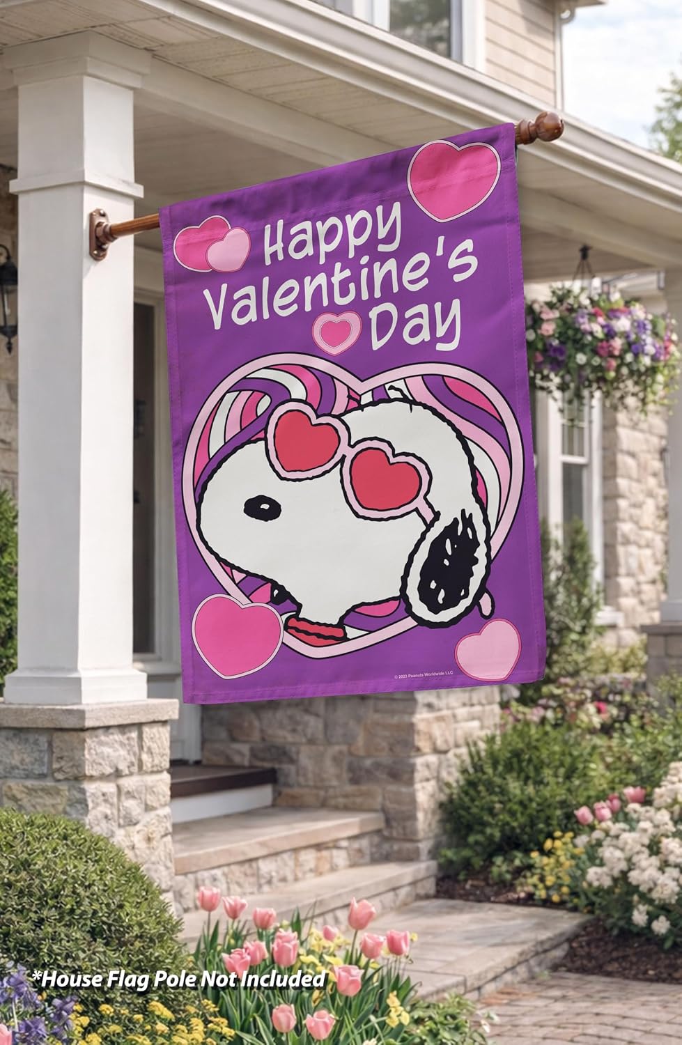 Flagology, Peanuts Happy Valentine's Day Cool Snoopy House Flag 28" x 40", Happy Valentine’s Day Outdoor Décor, Licensed Peanuts Large Yard Flag