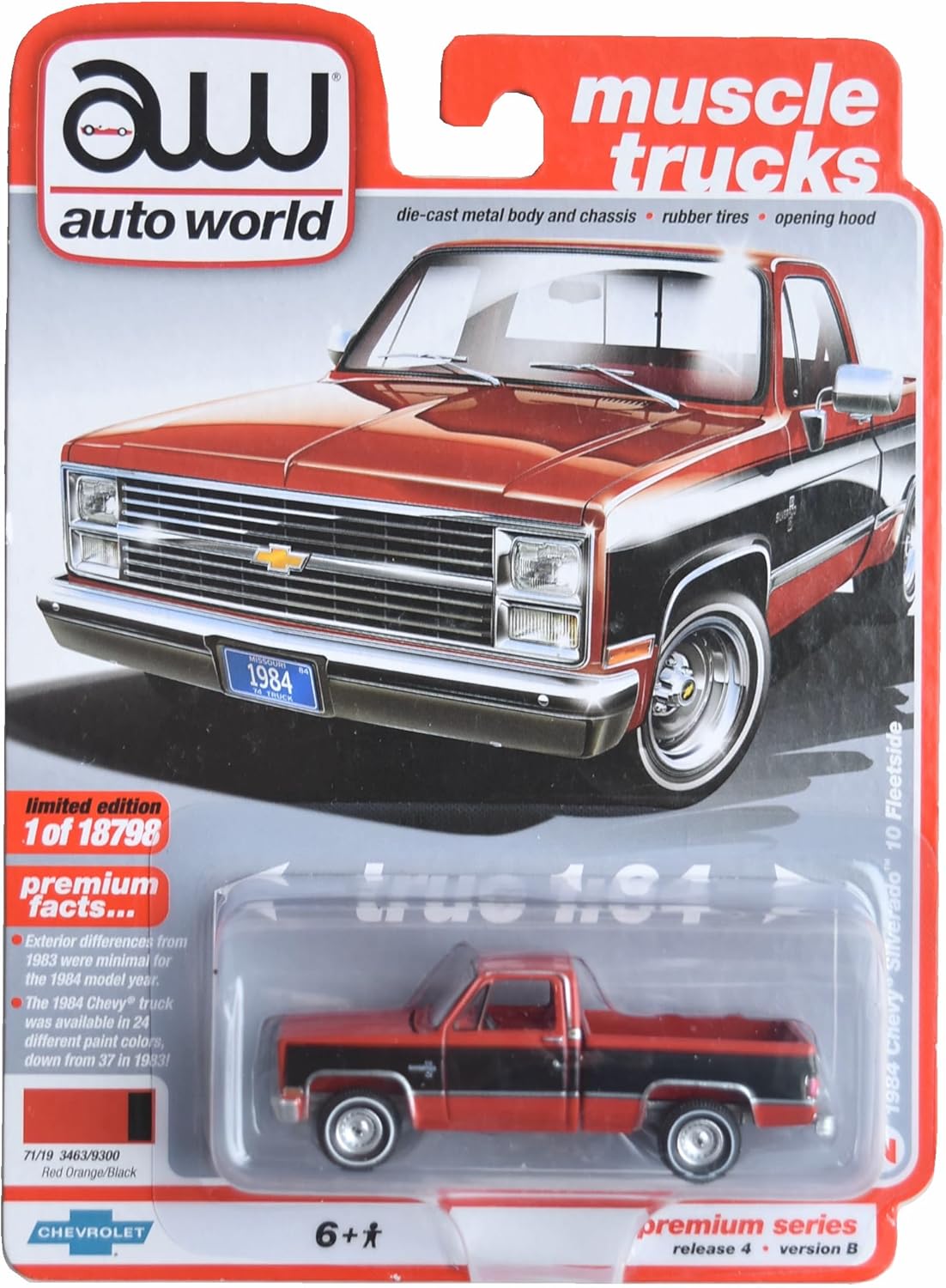 Auto World 1984 Chevy Silverado 10 Fleetside, Muscle Trucks [red Orange/Black] Release 4